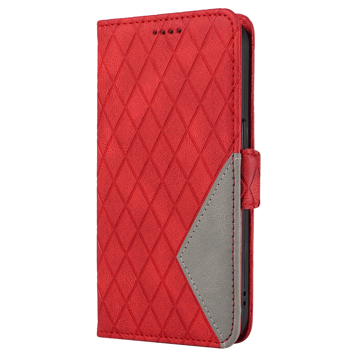 For iPhone 16 Case Folio Leather Phone Cover Rhombus Lattice - Red