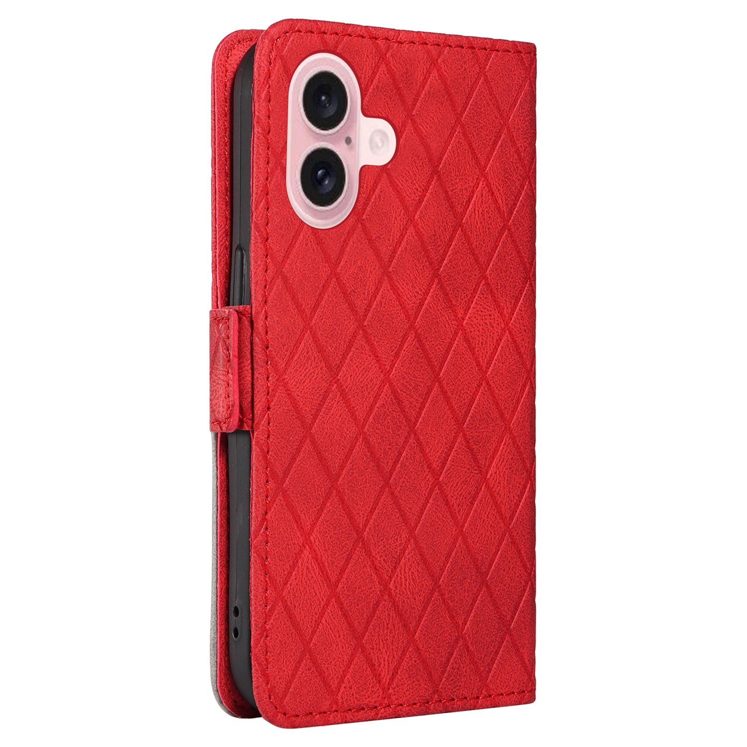 For iPhone 16 Case Folio Leather Phone Cover Rhombus Lattice - Red