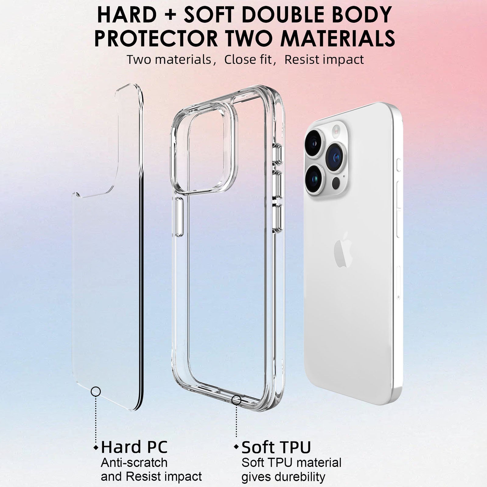 For iPhone 16 Pro Max Case PC + TPU Slim Transparent Phone Cover