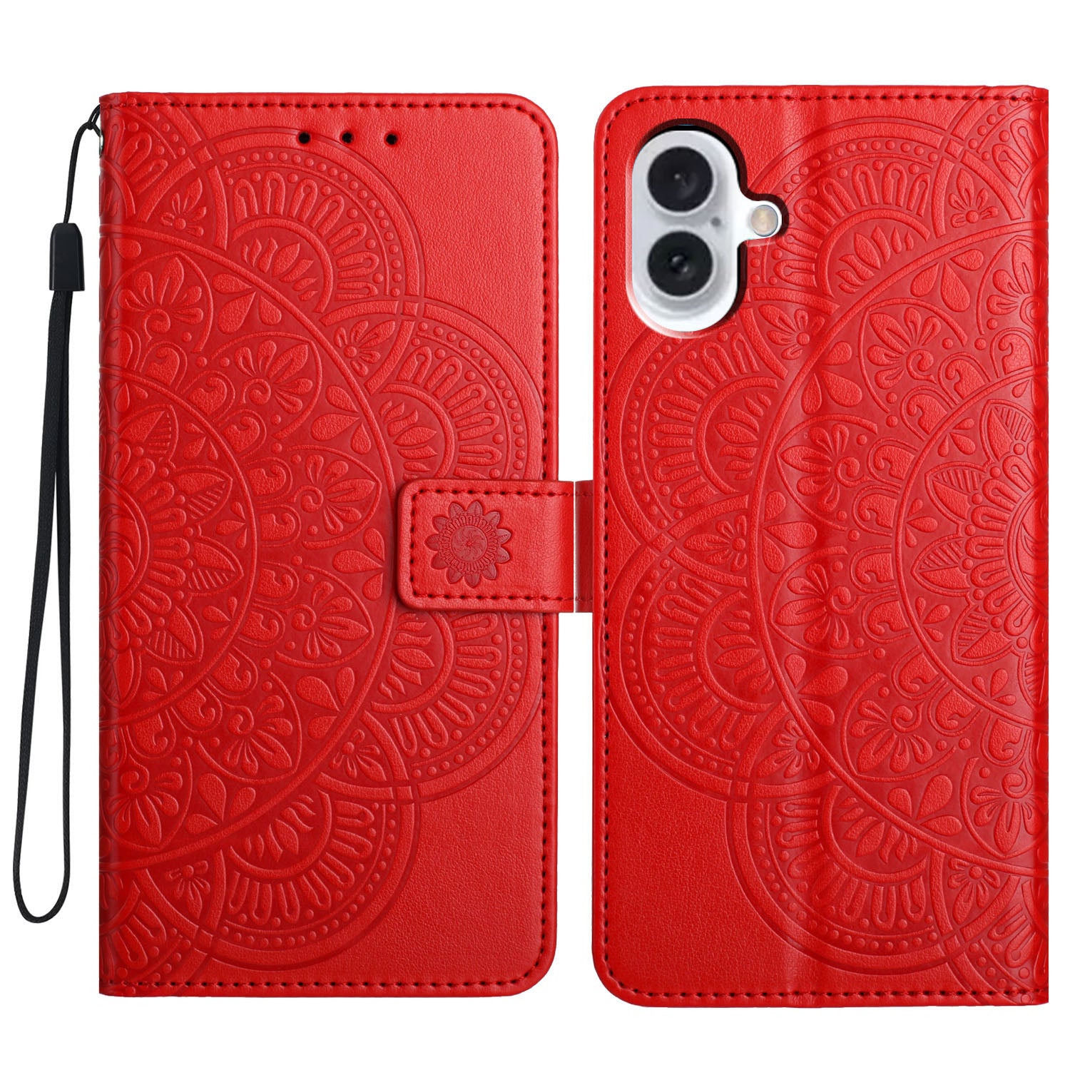 For iPhone 16 Case Mandala Flower PU Leather Flip Wallet Phone Cover - Red