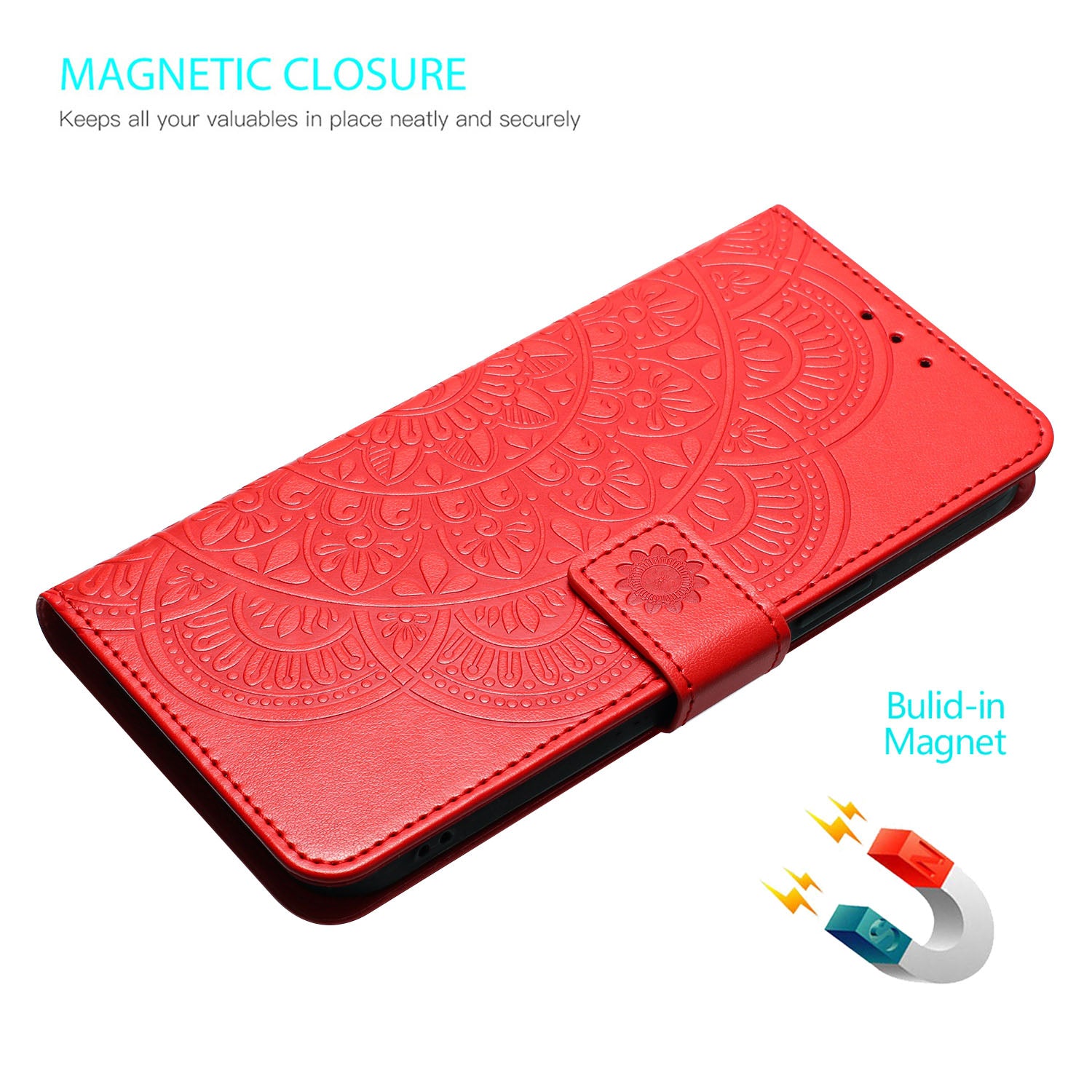 For iPhone 16 Case Mandala Flower PU Leather Flip Wallet Phone Cover - Red