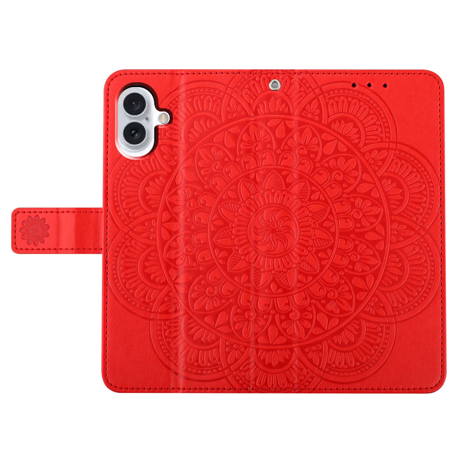 For iPhone 16 Case Mandala Flower PU Leather Flip Wallet Phone Cover - Red