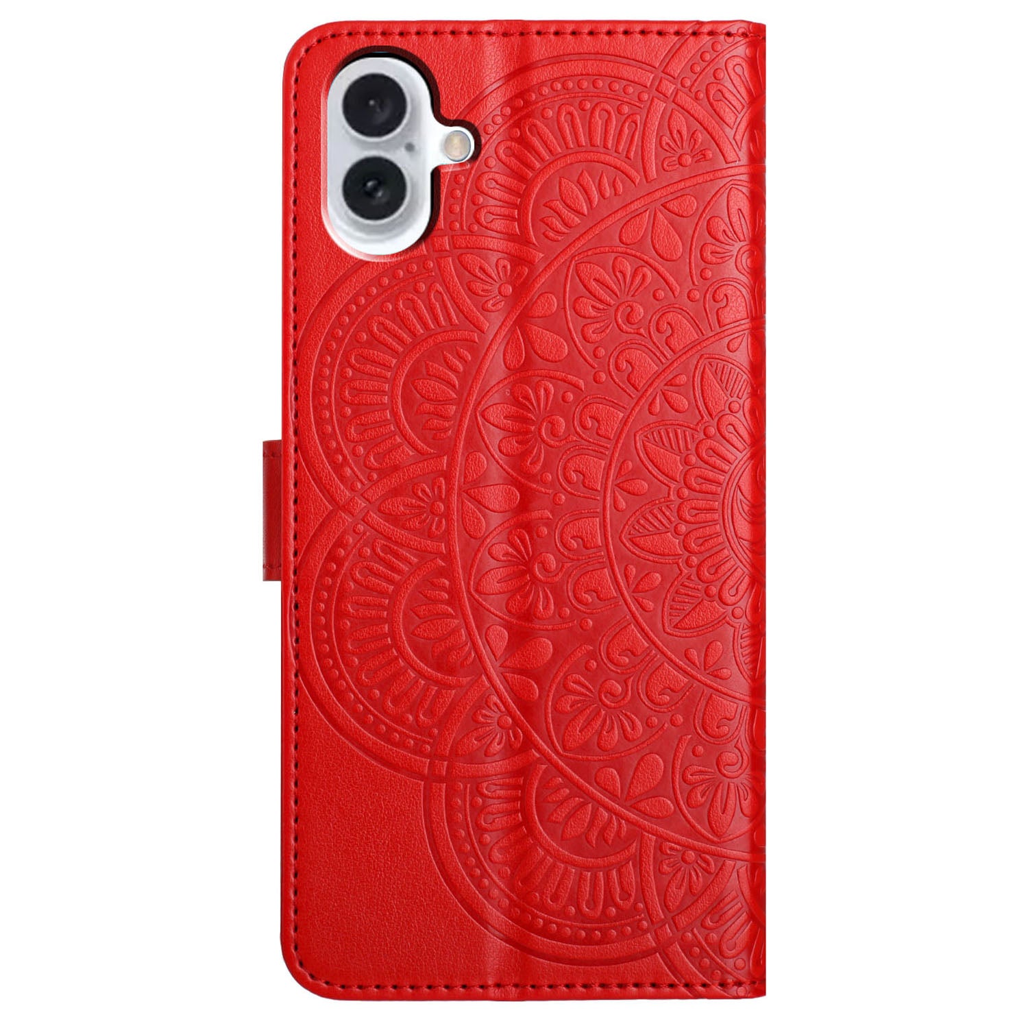 For iPhone 16 Case Mandala Flower PU Leather Flip Wallet Phone Cover - Red