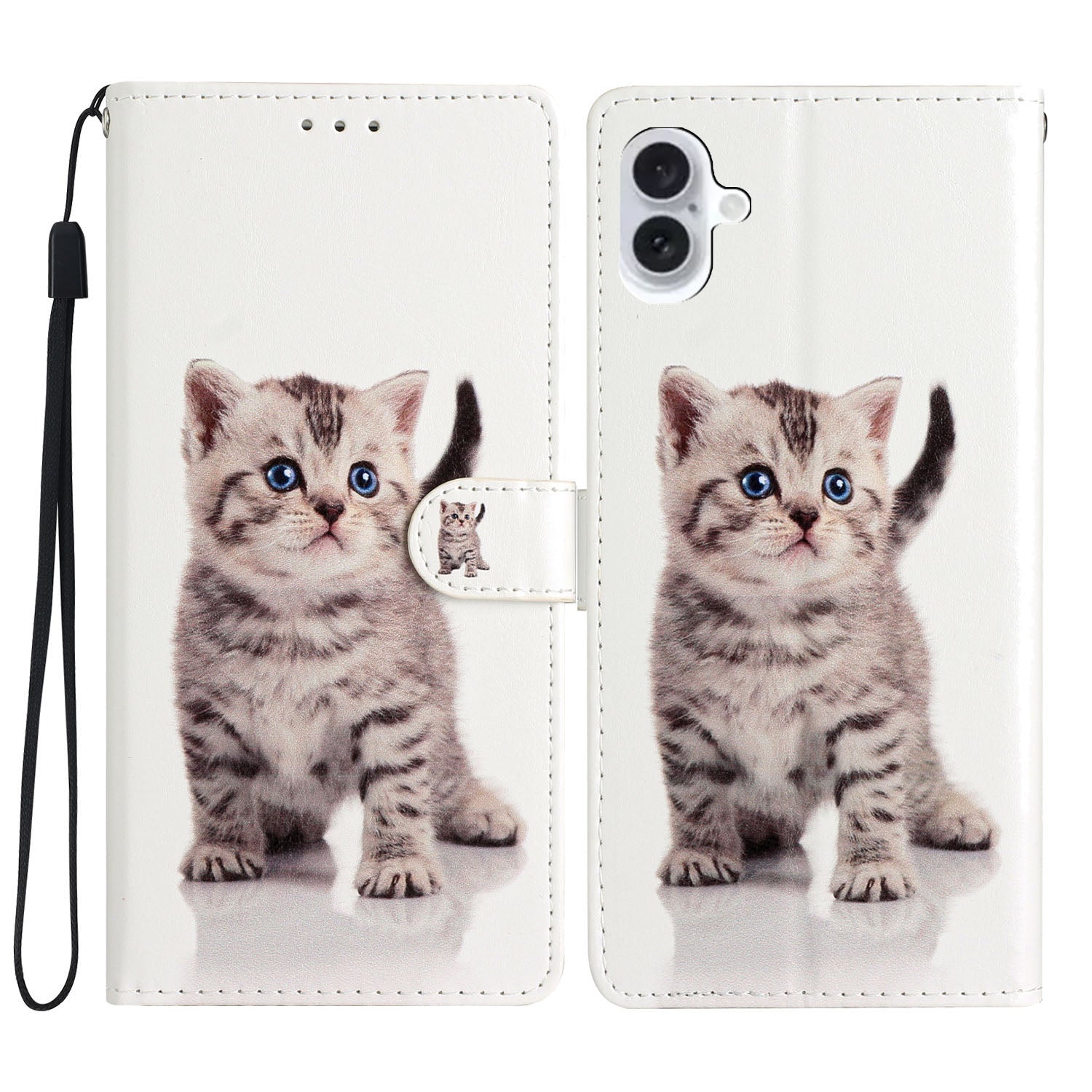 For iPhone 16 Plus Case Print Pattern Design PU Leather Phone Cover with Card Slots Wrist Strap - Cute Cat