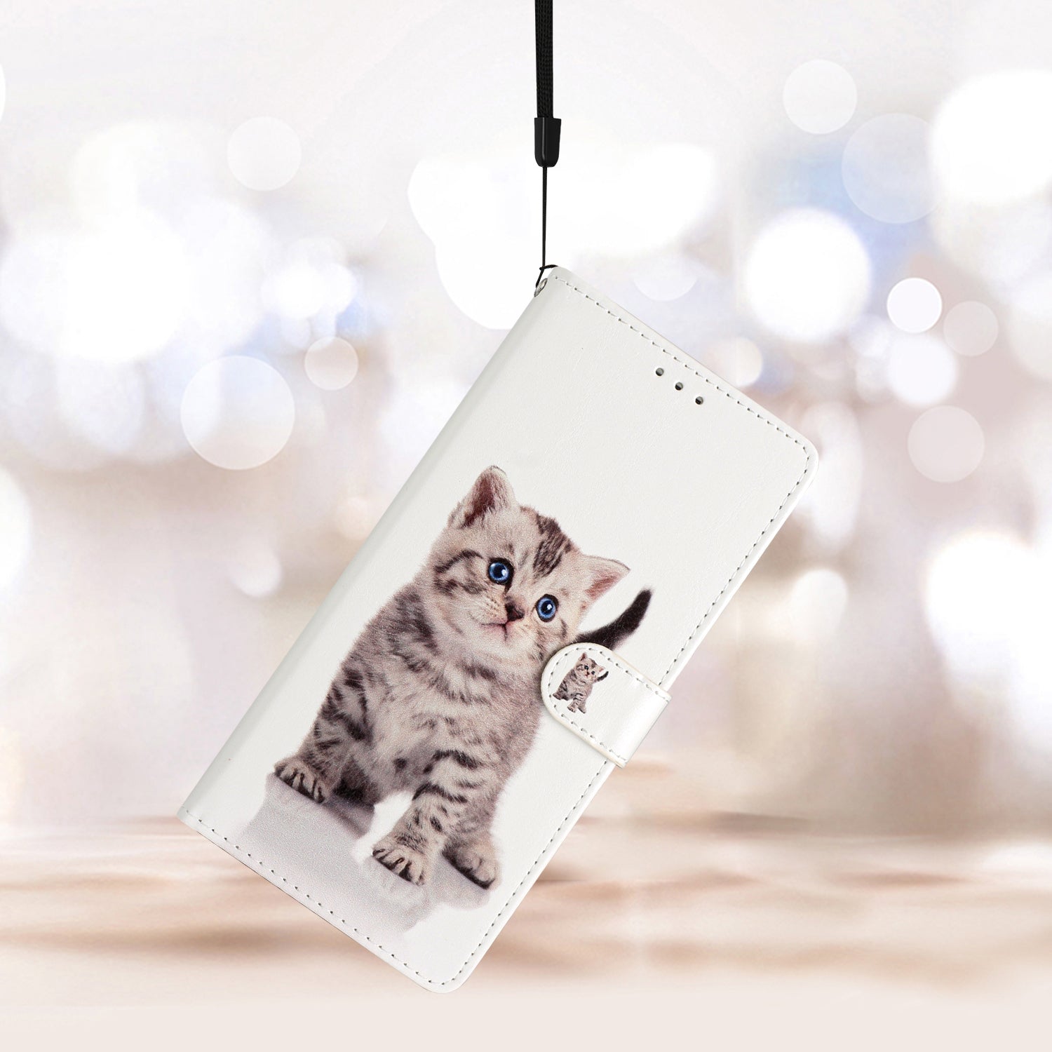 For iPhone 16 Plus Case Print Pattern Design PU Leather Phone Cover with Card Slots Wrist Strap - Cute Cat