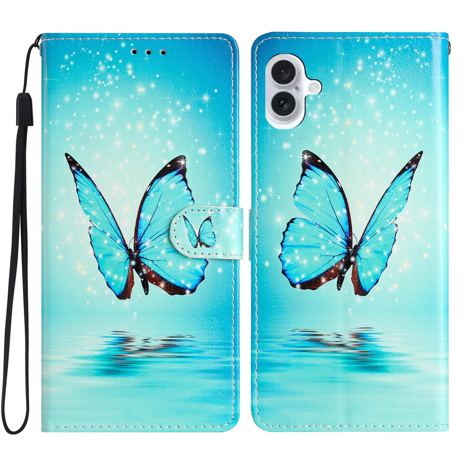 For iPhone 16 Plus Case Print Pattern Design PU Leather Phone Cover with Card Slots Wrist Strap - Blue Butterfly