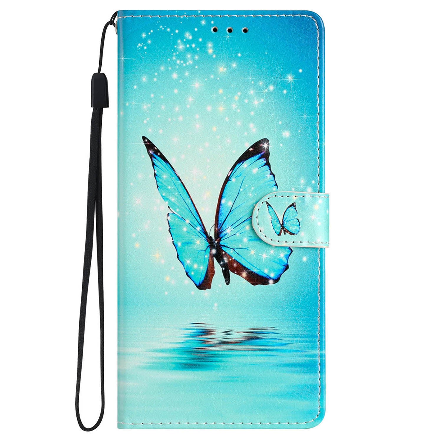 For iPhone 16 Plus Case Print Pattern Design PU Leather Phone Cover with Card Slots Wrist Strap - Blue Butterfly