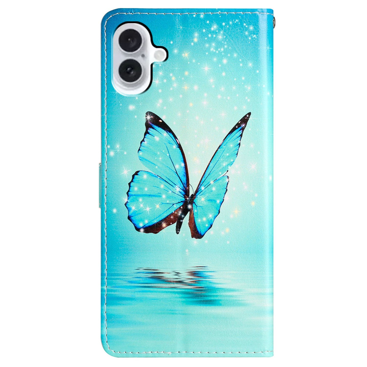 For iPhone 16 Plus Case Print Pattern Design PU Leather Phone Cover with Card Slots Wrist Strap - Blue Butterfly