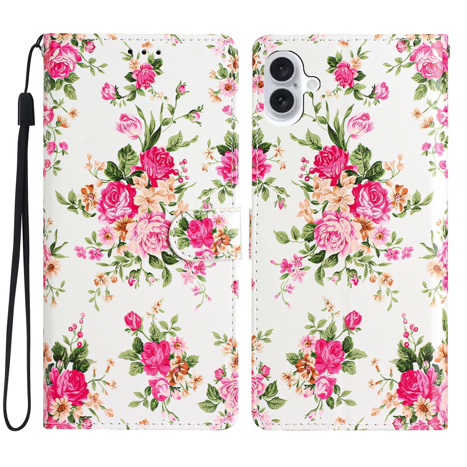 For iPhone 16 Plus Case Print Pattern Design PU Leather Phone Cover with Card Slots Wrist Strap - Red Flowers