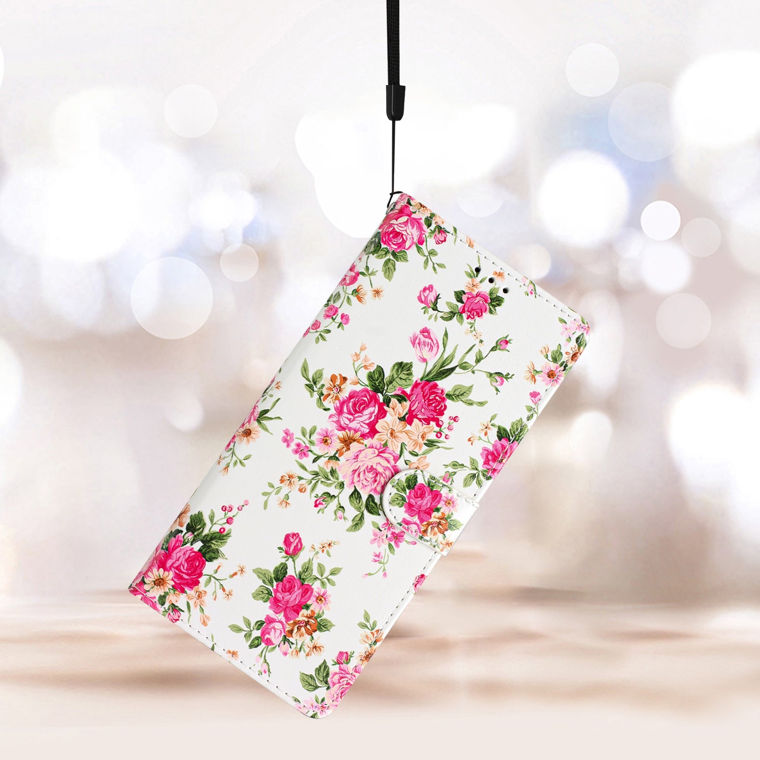 For iPhone 16 Plus Case Print Pattern Design PU Leather Phone Cover with Card Slots Wrist Strap - Red Flowers