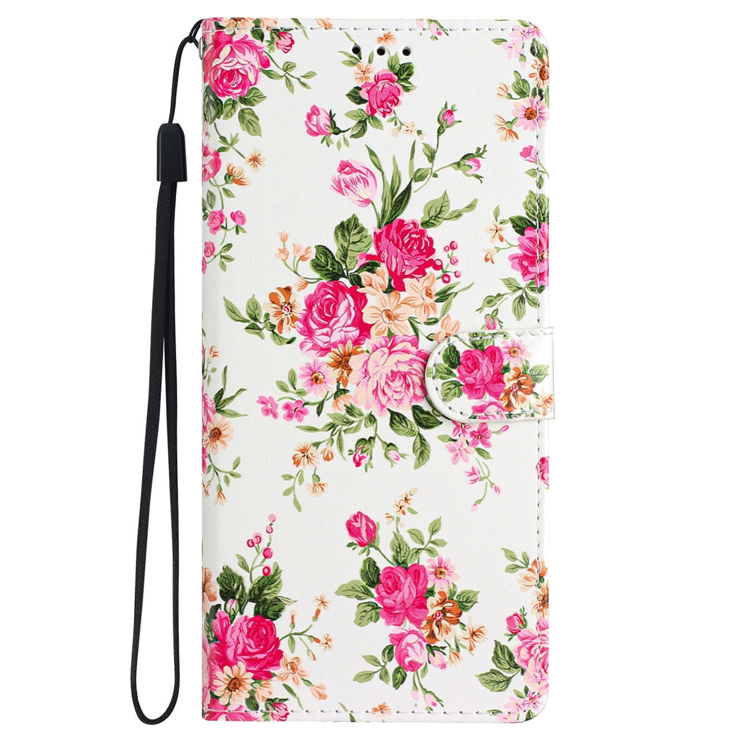 For iPhone 16 Plus Case Print Pattern Design PU Leather Phone Cover with Card Slots Wrist Strap - Red Flowers