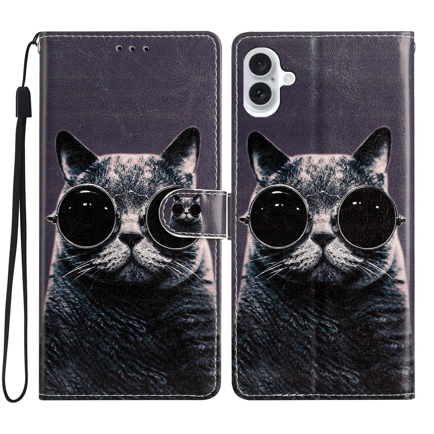 For iPhone 16 Plus Case Print Pattern Design PU Leather Phone Cover with Card Slots Wrist Strap - Glasses Cat