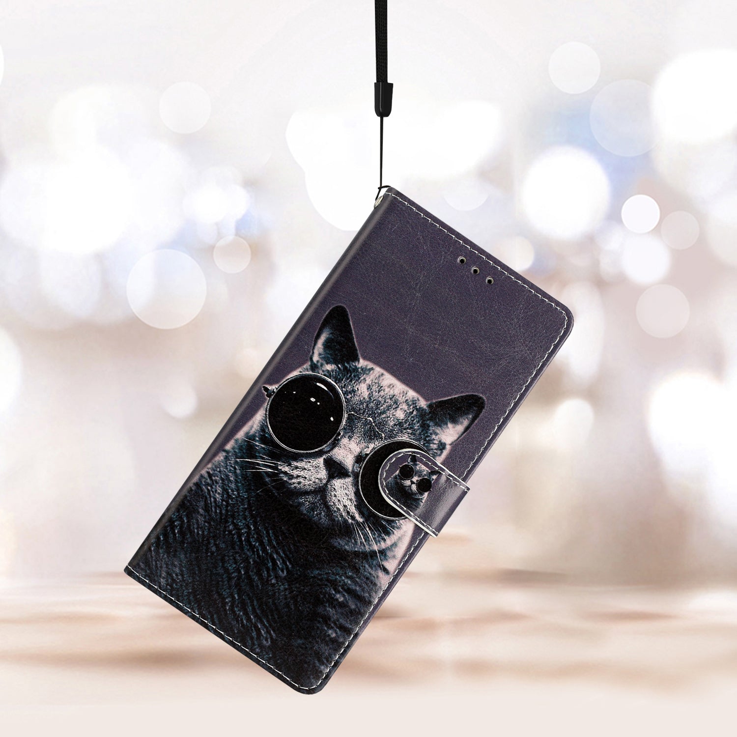 For iPhone 16 Plus Case Print Pattern Design PU Leather Phone Cover with Card Slots Wrist Strap - Glasses Cat