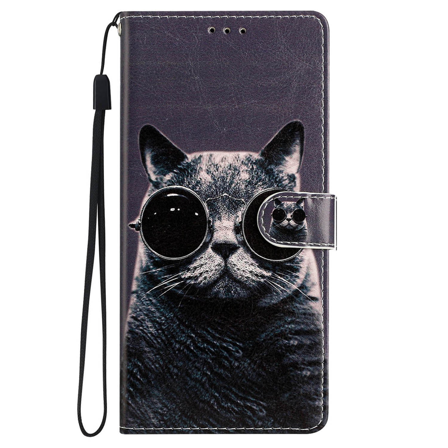 For iPhone 16 Plus Case Print Pattern Design PU Leather Phone Cover with Card Slots Wrist Strap - Glasses Cat