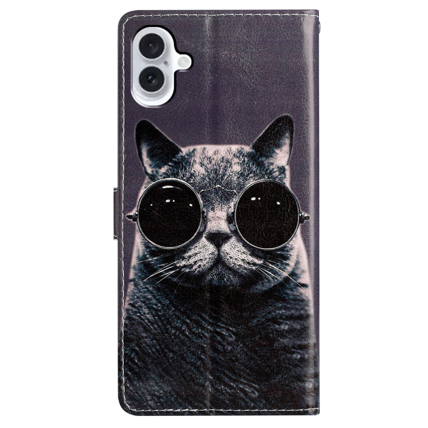 For iPhone 16 Plus Case Print Pattern Design PU Leather Phone Cover with Card Slots Wrist Strap - Glasses Cat