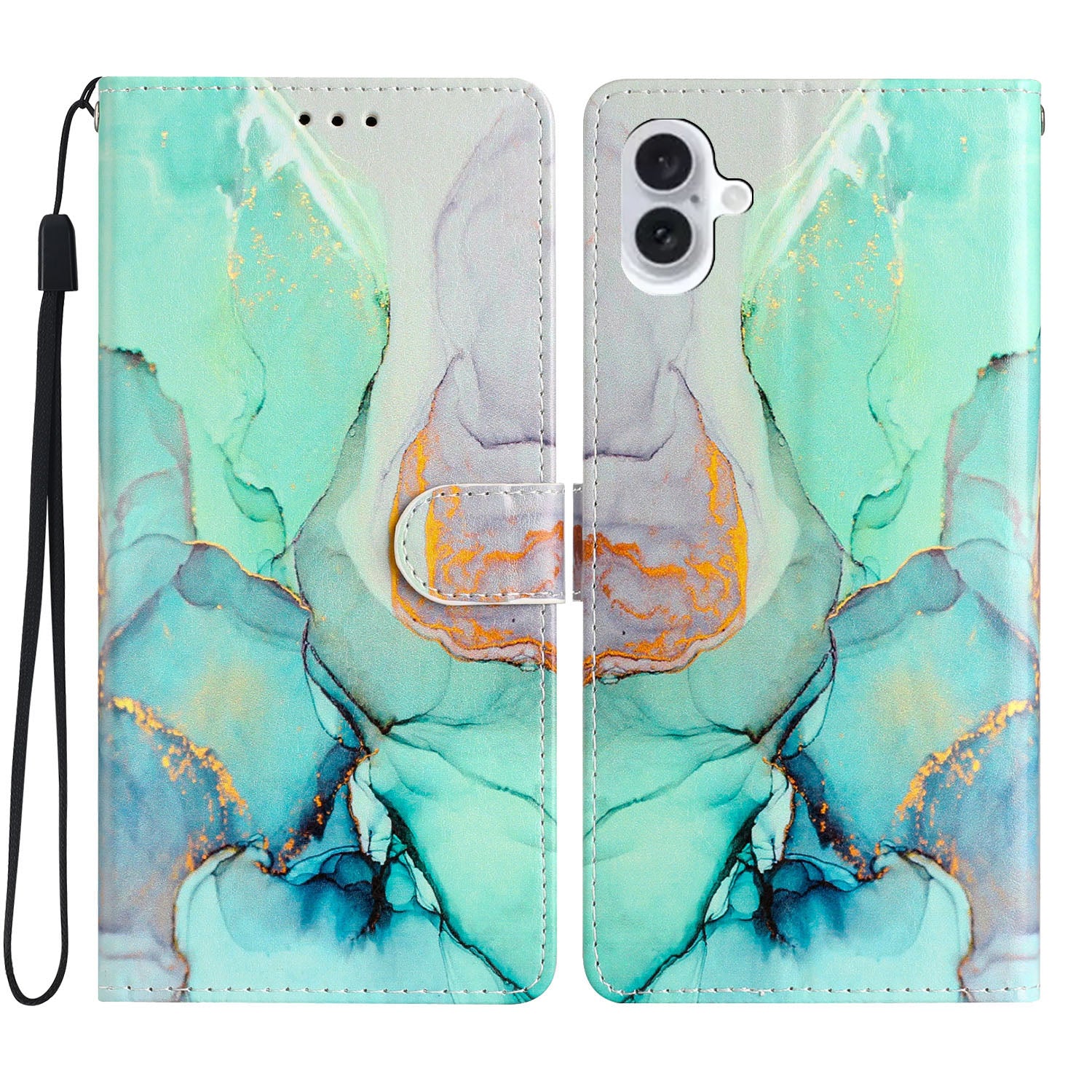 For iPhone 16 Plus Case Print Pattern Design PU Leather Phone Cover with Card Slots Wrist Strap - Green Marble