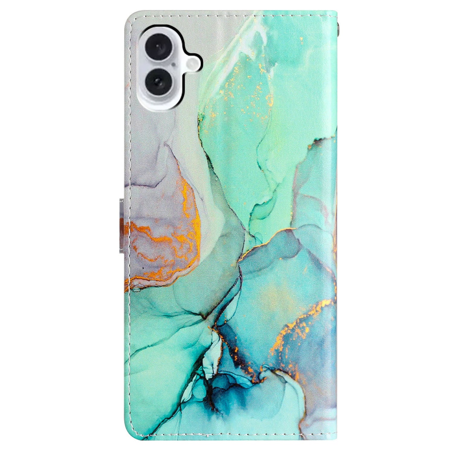 For iPhone 16 Plus Case Print Pattern Design PU Leather Phone Cover with Card Slots Wrist Strap - Green Marble