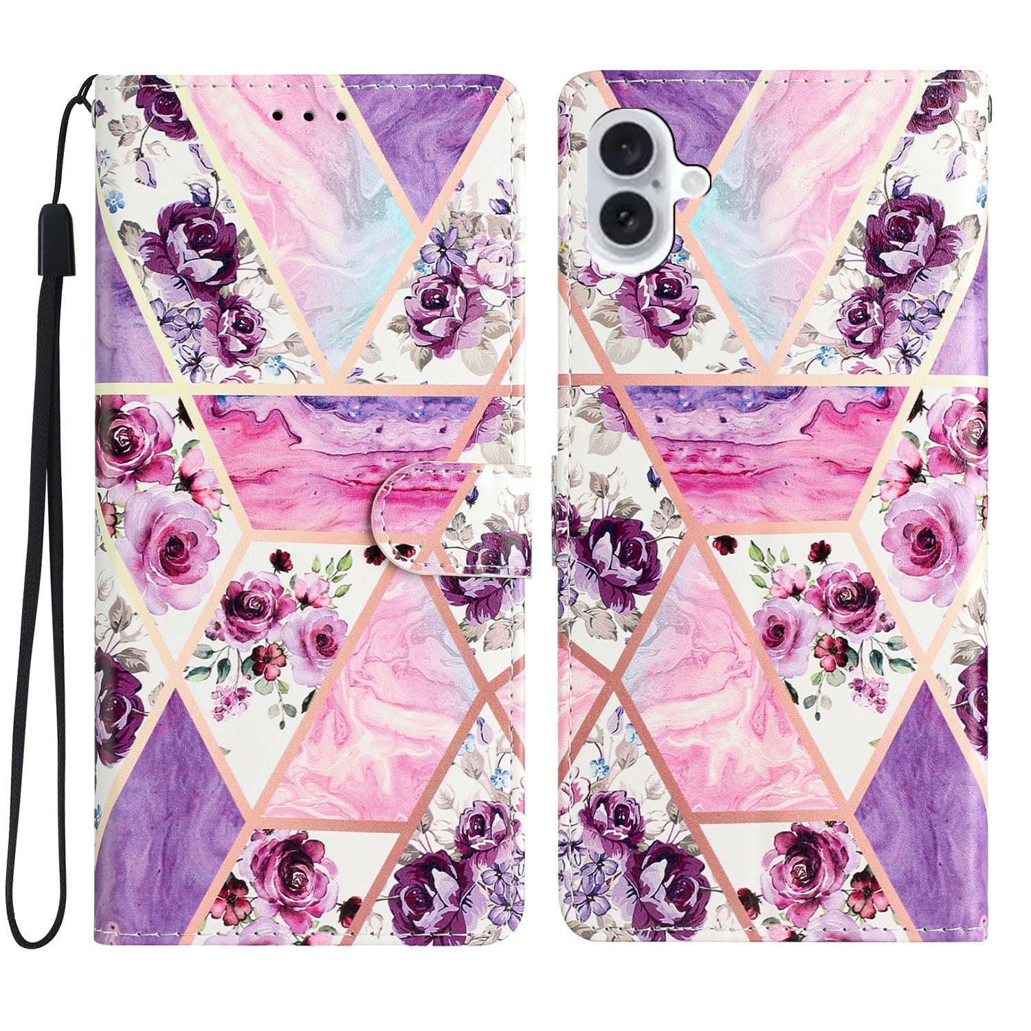 For iPhone 16 Plus Case Print Pattern Design PU Leather Phone Cover with Card Slots Wrist Strap - Purple Flowers