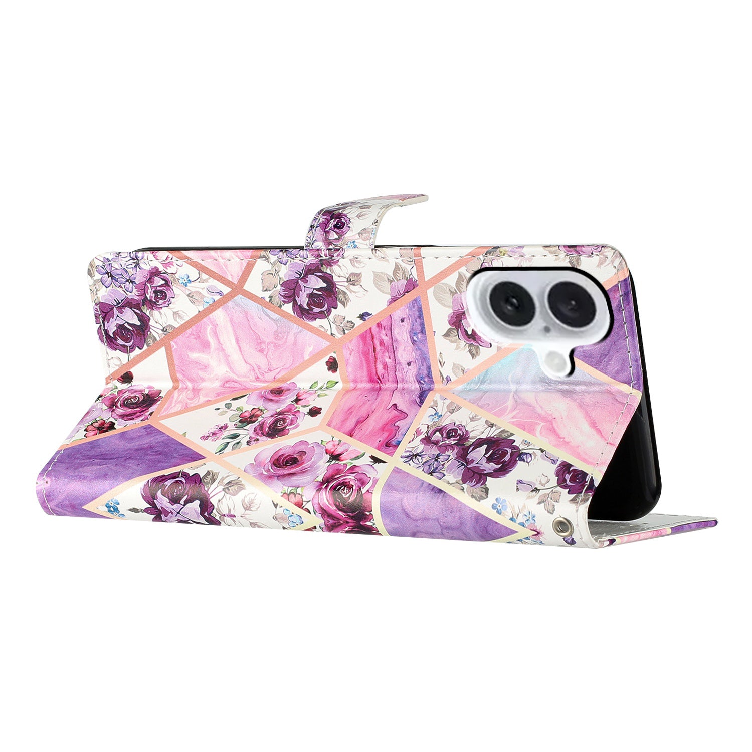 For iPhone 16 Plus Case Print Pattern Design PU Leather Phone Cover with Card Slots Wrist Strap - Purple Flowers