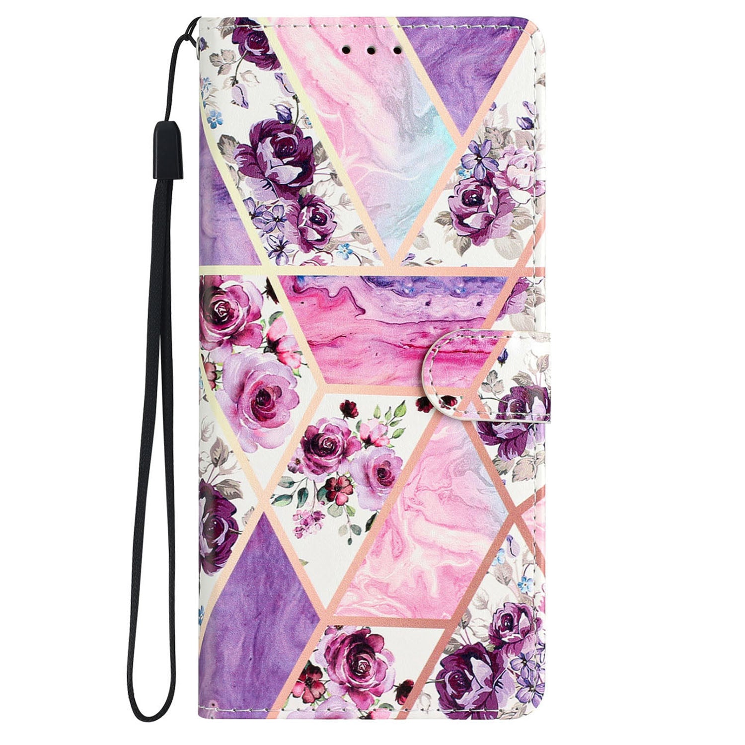 For iPhone 16 Plus Case Print Pattern Design PU Leather Phone Cover with Card Slots Wrist Strap - Purple Flowers