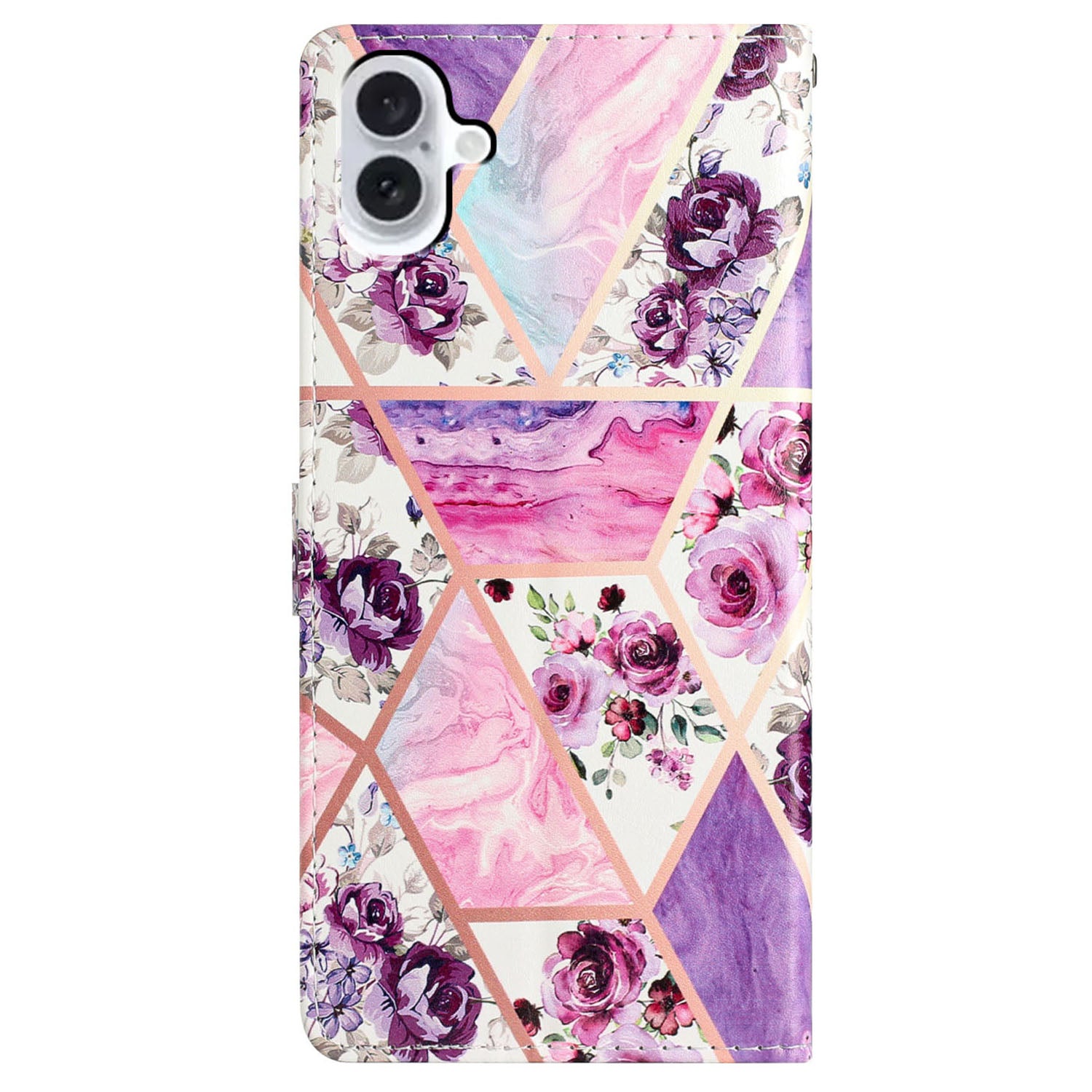 For iPhone 16 Plus Case Print Pattern Design PU Leather Phone Cover with Card Slots Wrist Strap - Purple Flowers