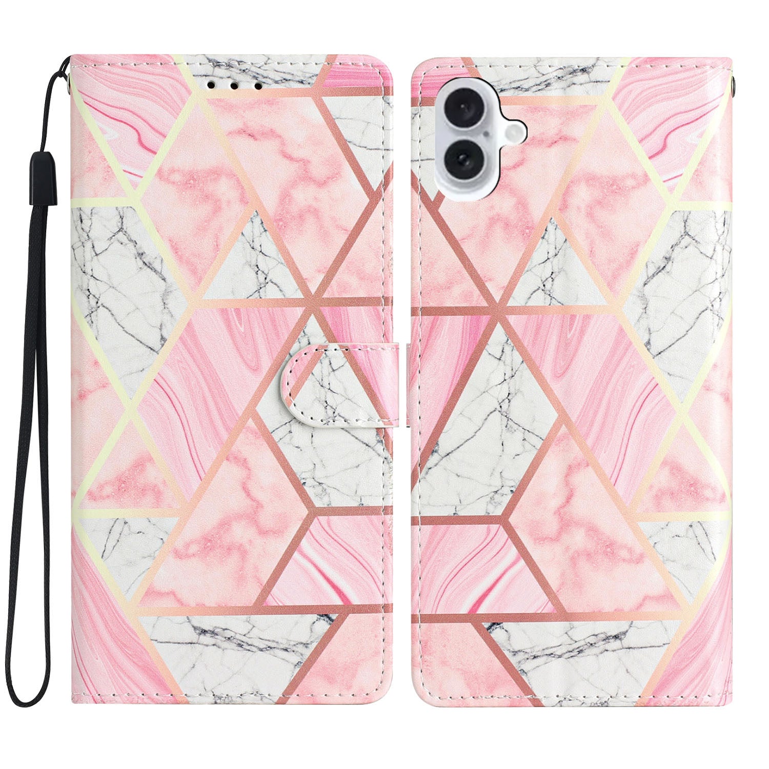 For iPhone 16 Plus Case Print Pattern Design PU Leather Phone Cover with Card Slots Wrist Strap - Pink Marble