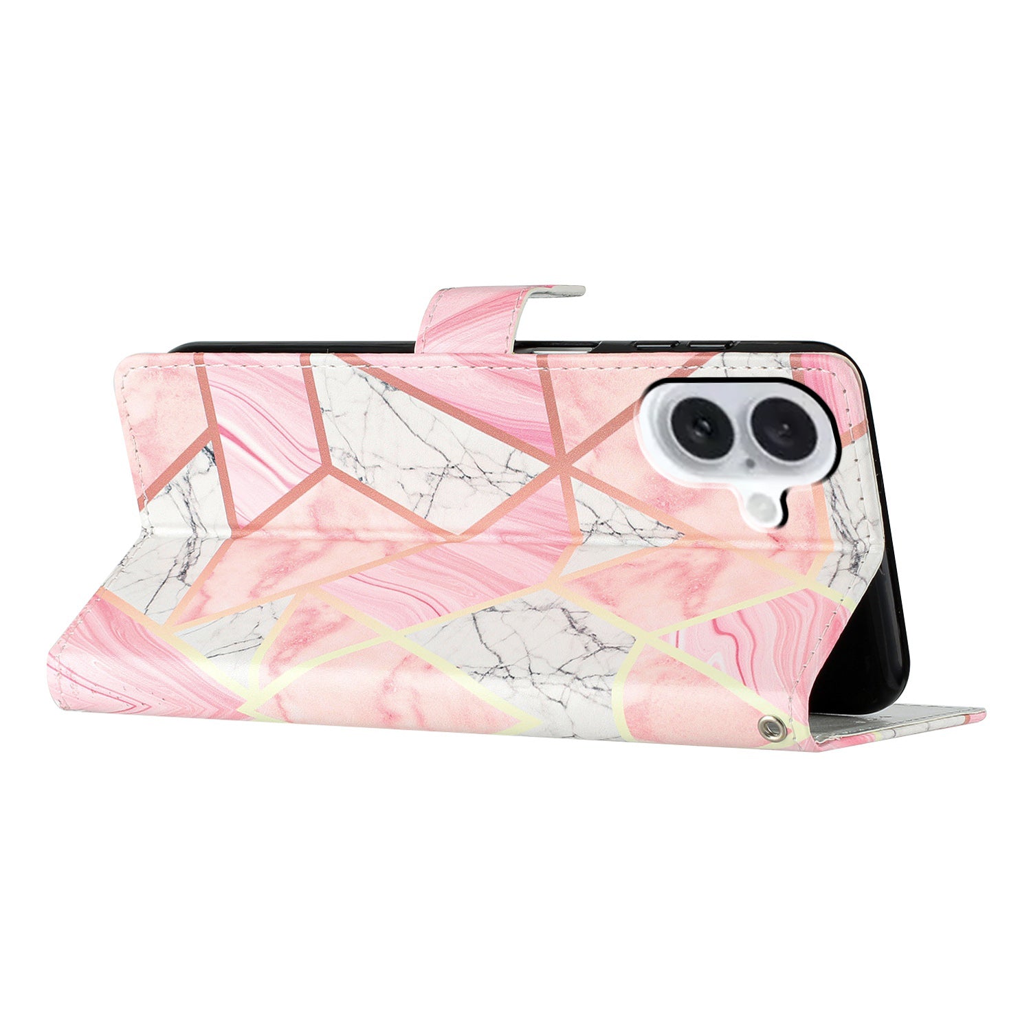 For iPhone 16 Plus Case Print Pattern Design PU Leather Phone Cover with Card Slots Wrist Strap - Pink Marble