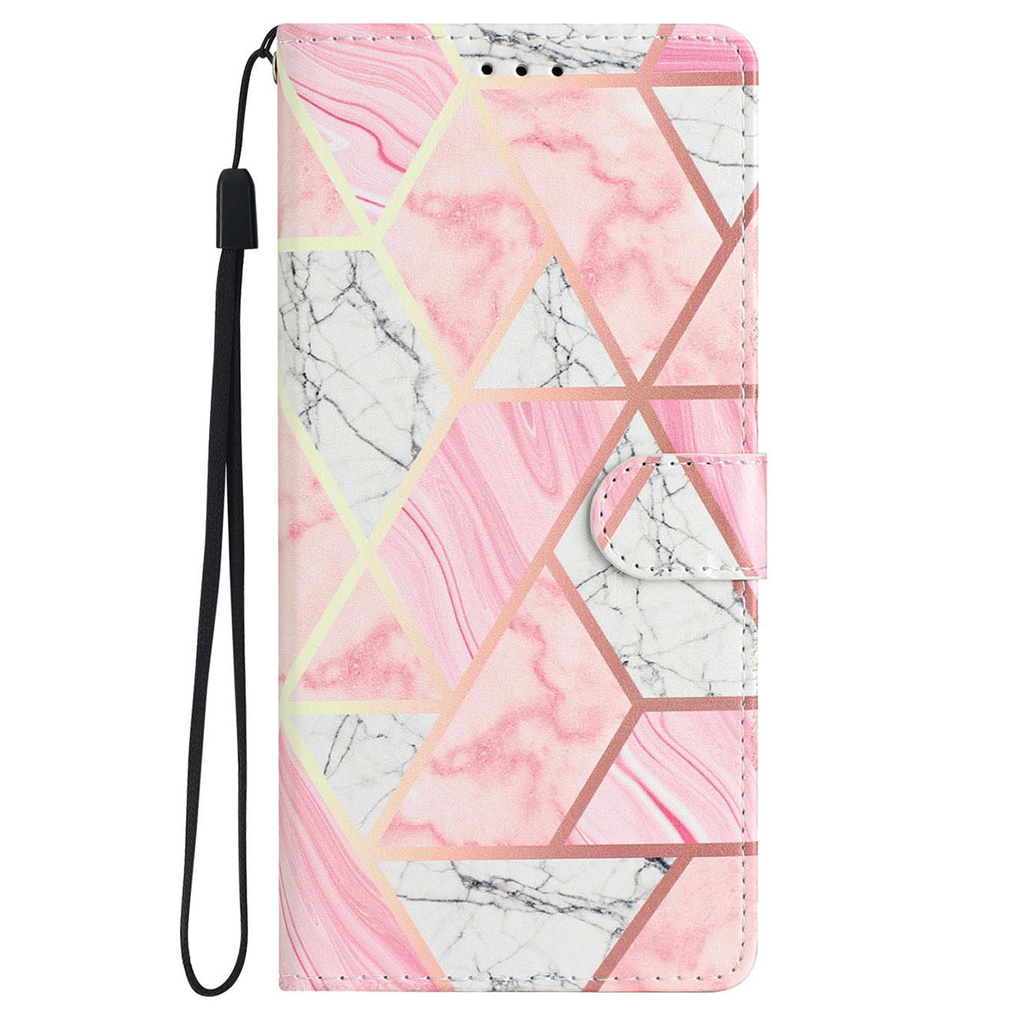 For iPhone 16 Plus Case Print Pattern Design PU Leather Phone Cover with Card Slots Wrist Strap - Pink Marble