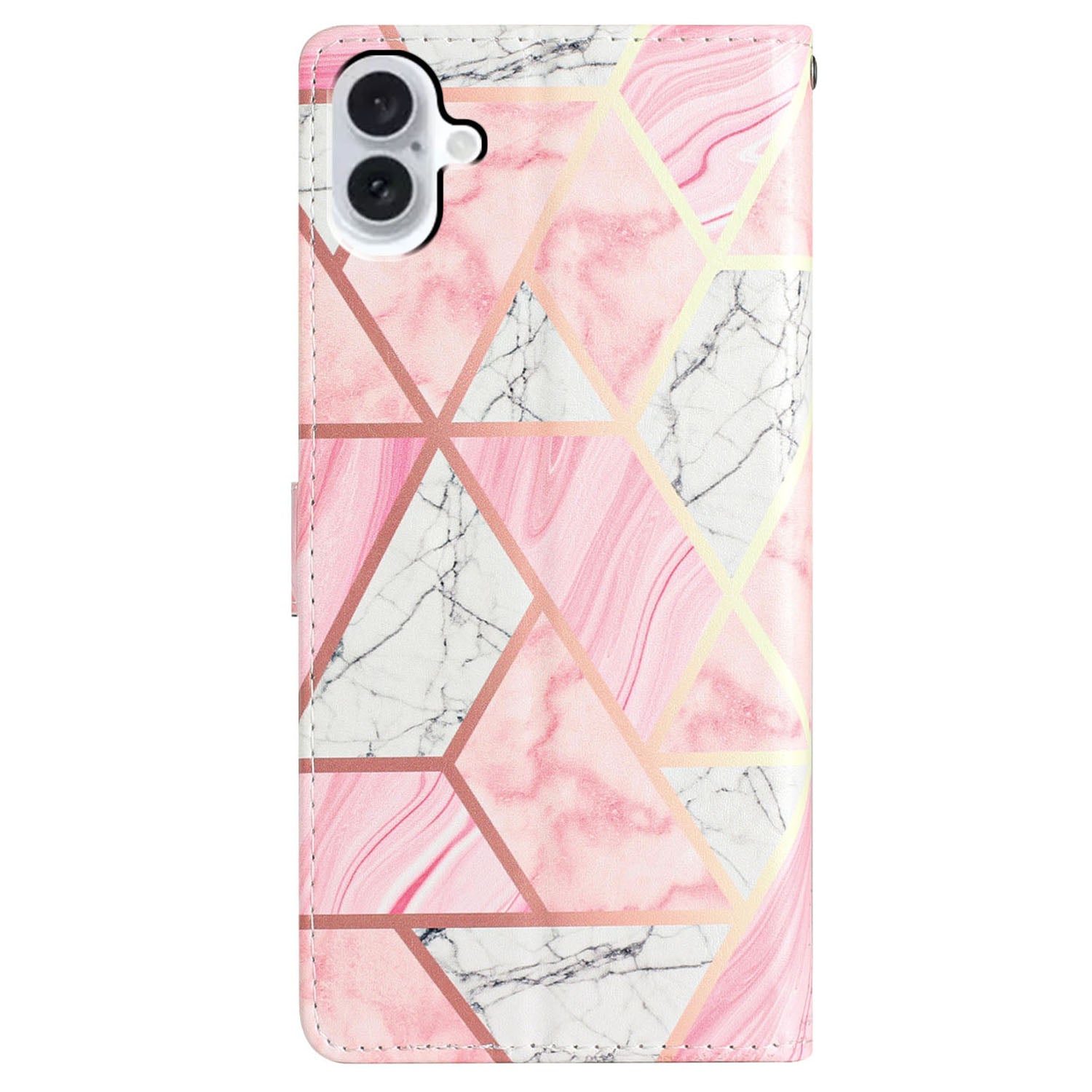 For iPhone 16 Plus Case Print Pattern Design PU Leather Phone Cover with Card Slots Wrist Strap - Pink Marble