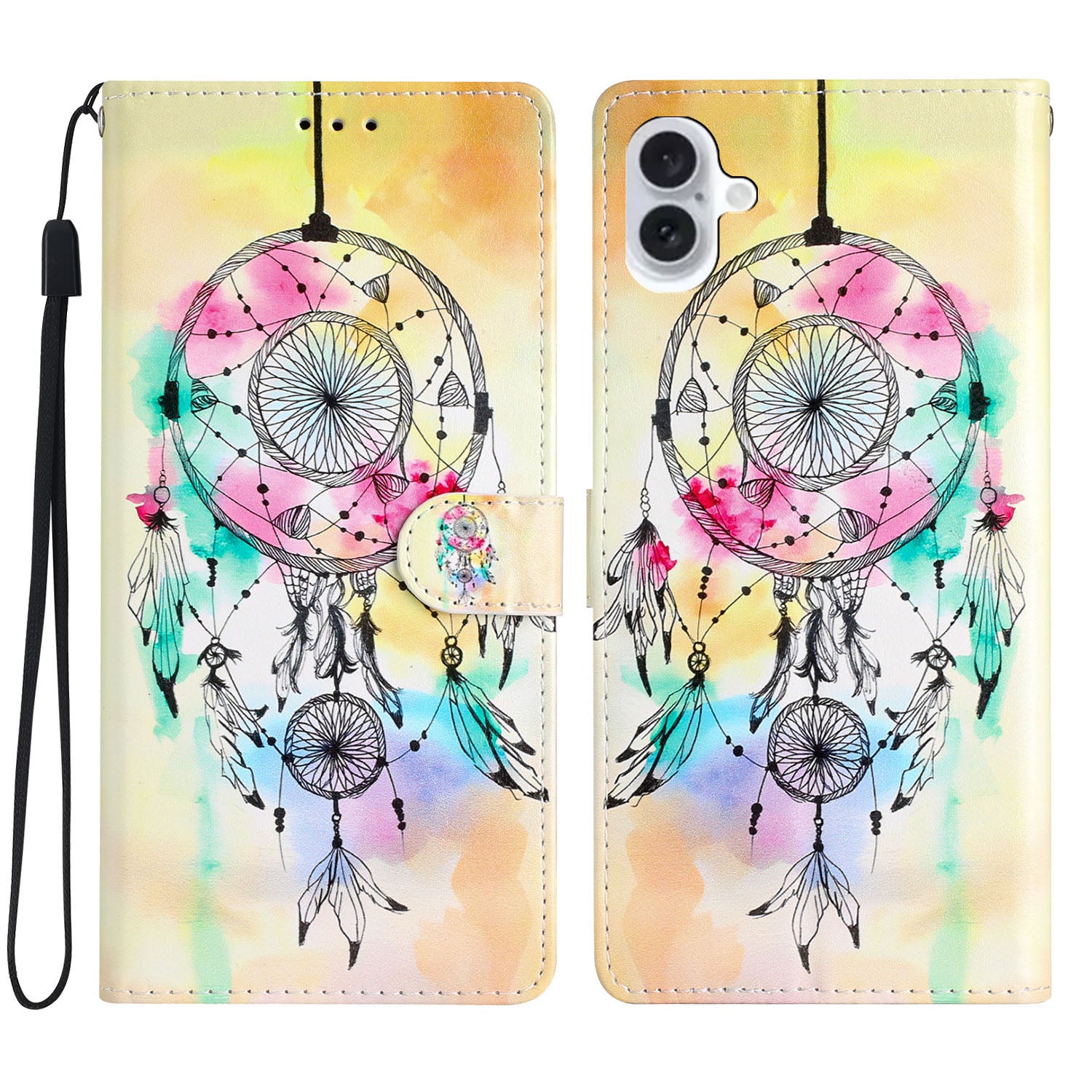 For iPhone 16 Plus Case Print Pattern Design PU Leather Phone Cover with Card Slots Wrist Strap - Wind Chime