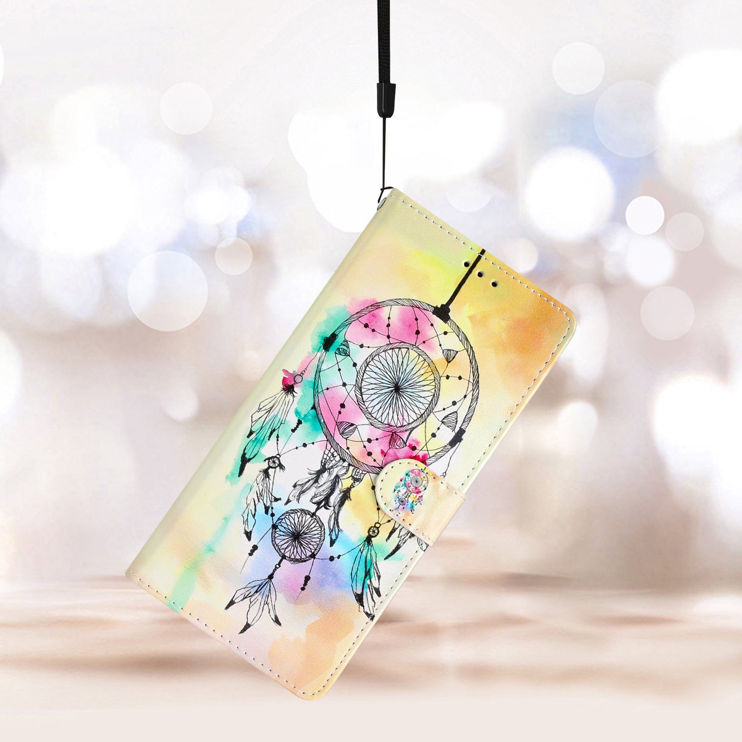 For iPhone 16 Plus Case Print Pattern Design PU Leather Phone Cover with Card Slots Wrist Strap - Wind Chime