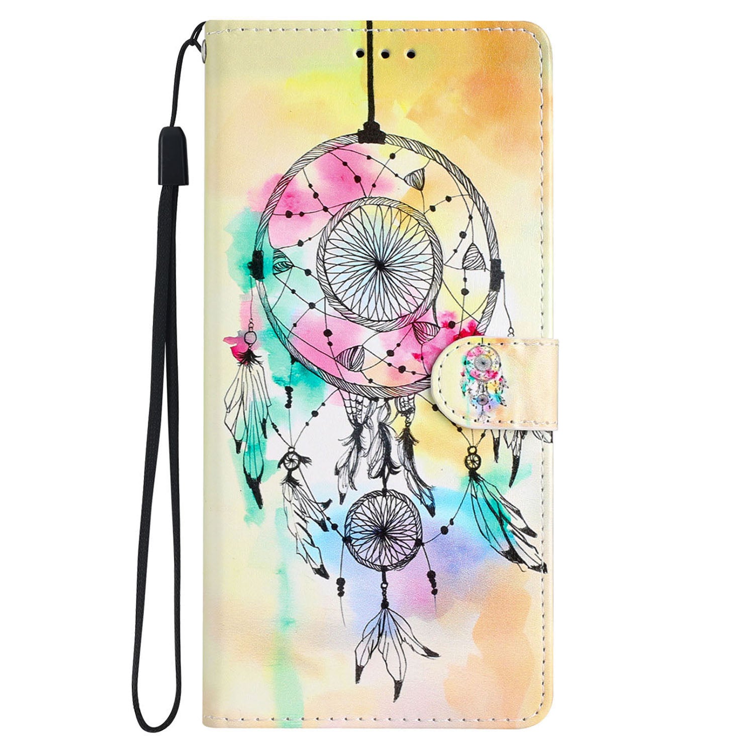 For iPhone 16 Plus Case Print Pattern Design PU Leather Phone Cover with Card Slots Wrist Strap - Wind Chime