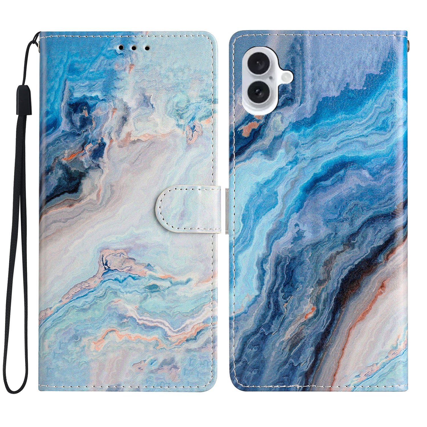 For iPhone 16 Plus Case Print Pattern Design PU Leather Phone Cover with Card Slots Wrist Strap - Blue Marble