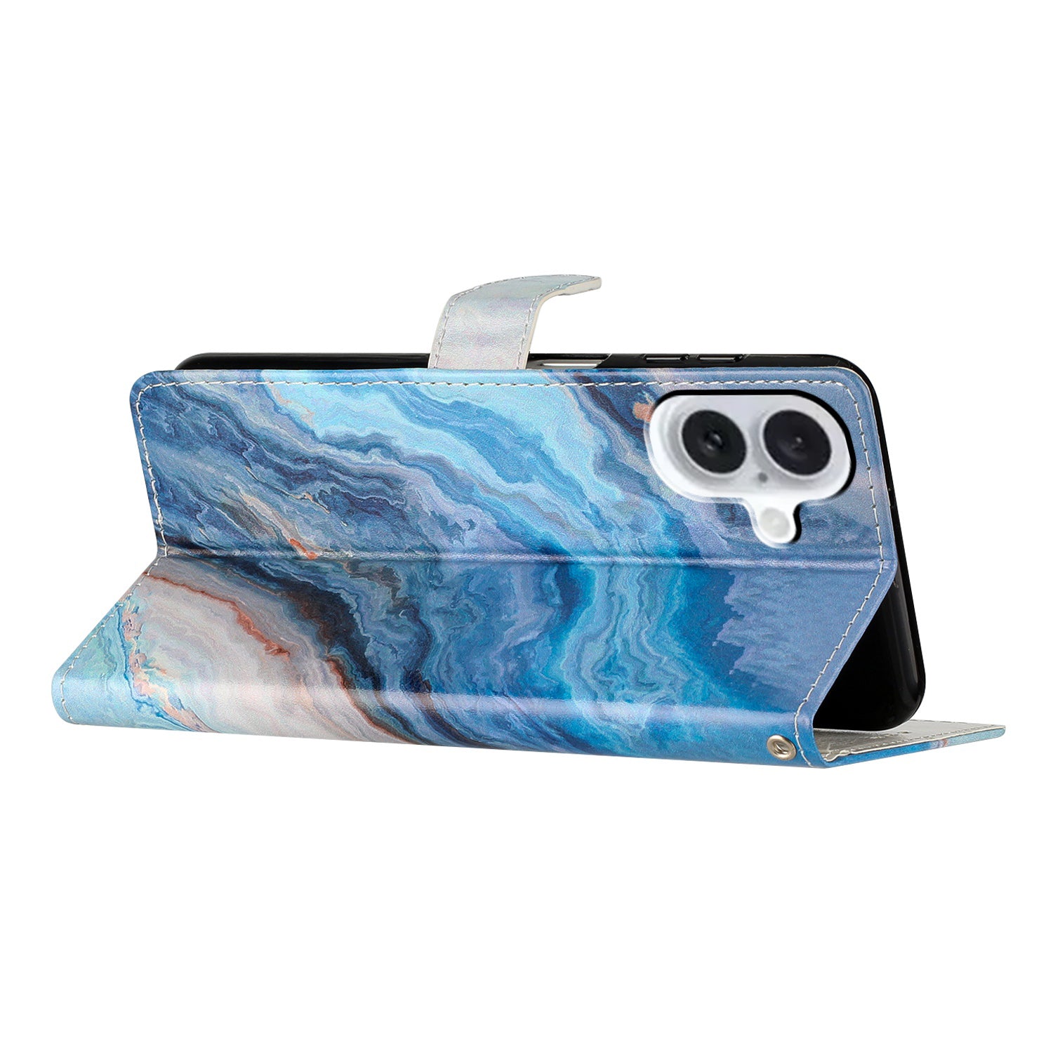 For iPhone 16 Plus Case Print Pattern Design PU Leather Phone Cover with Card Slots Wrist Strap - Blue Marble