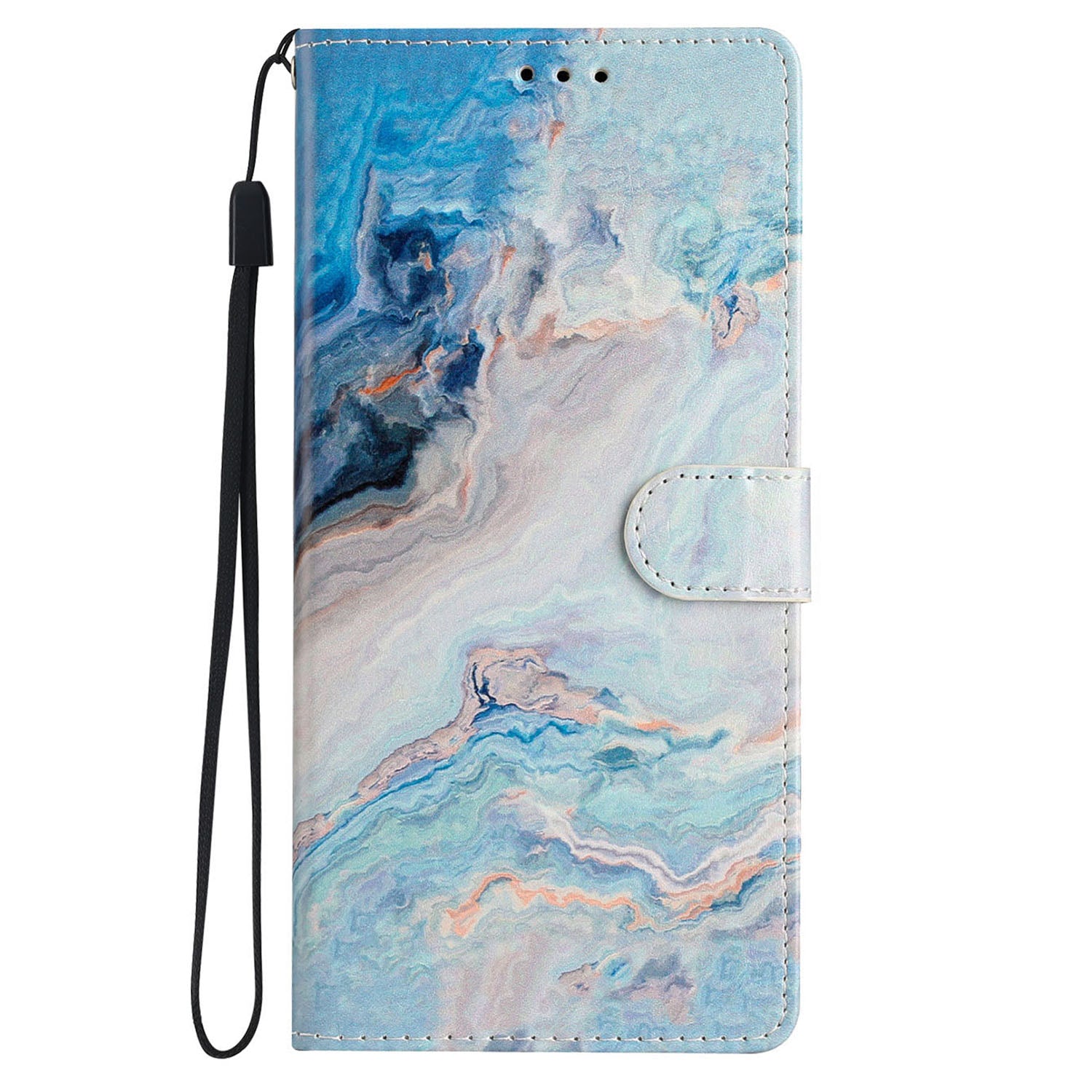 For iPhone 16 Plus Case Print Pattern Design PU Leather Phone Cover with Card Slots Wrist Strap - Blue Marble