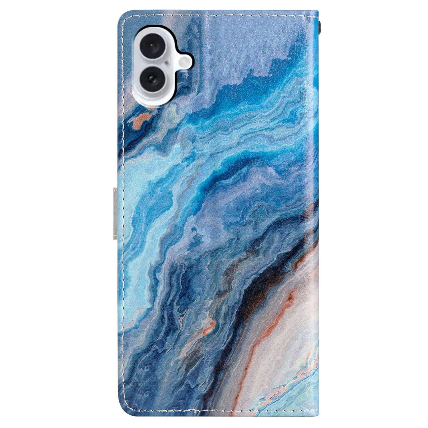 For iPhone 16 Plus Case Print Pattern Design PU Leather Phone Cover with Card Slots Wrist Strap - Blue Marble