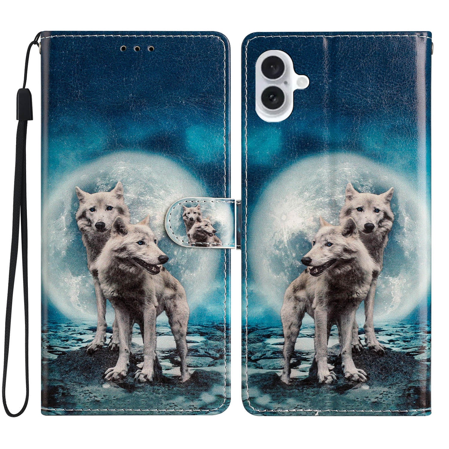 For iPhone 16 Plus Case Print Pattern Design PU Leather Phone Cover with Card Slots Wrist Strap - Two Wolves