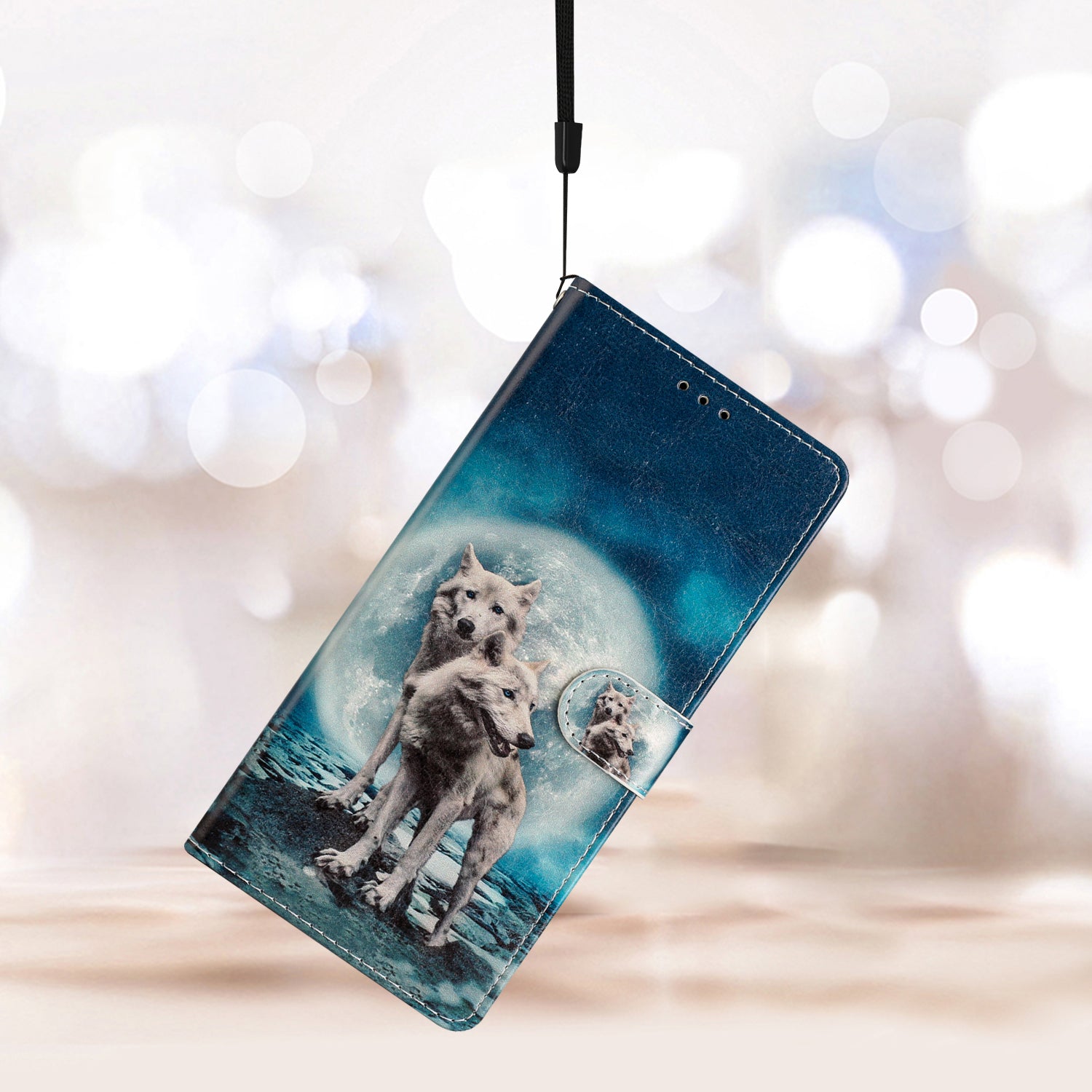 For iPhone 16 Plus Case Print Pattern Design PU Leather Phone Cover with Card Slots Wrist Strap - Two Wolves