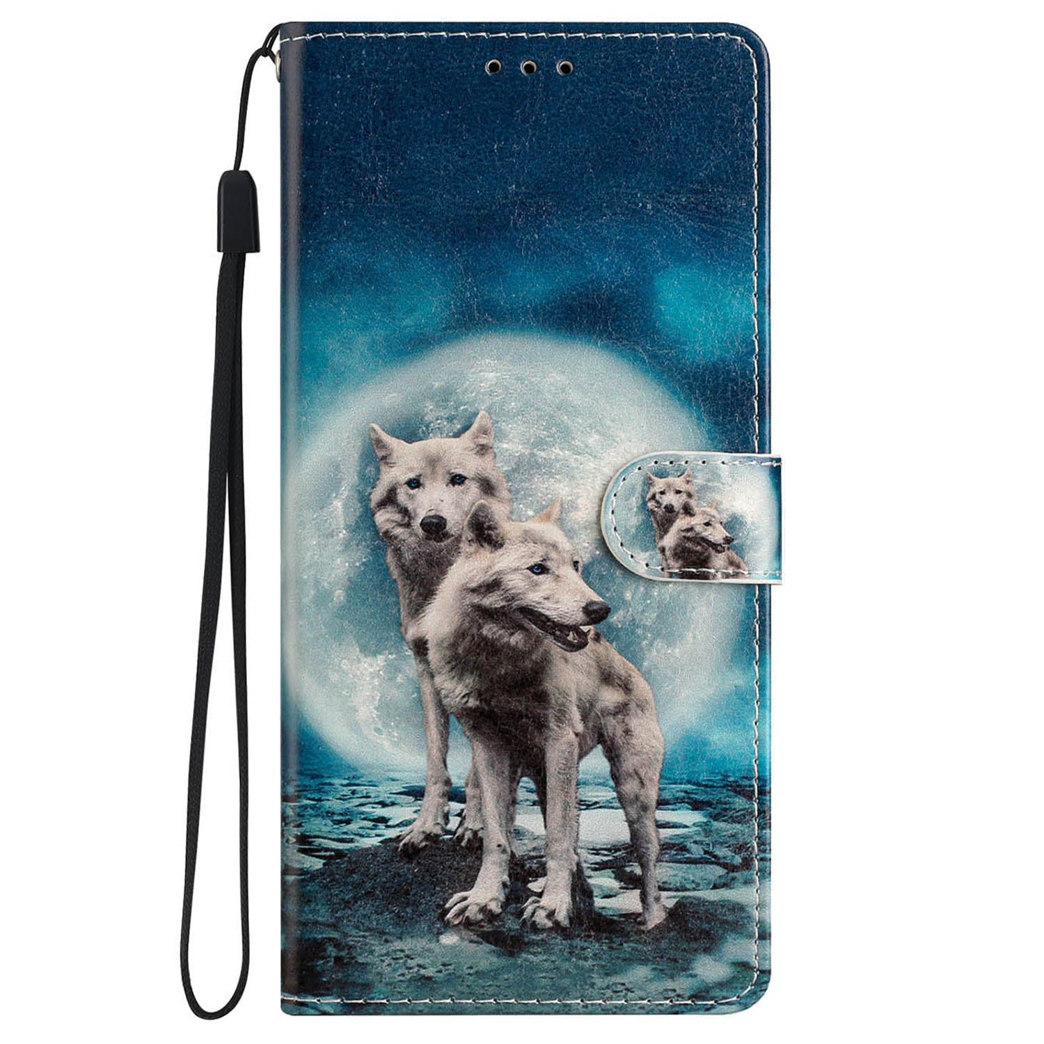 For iPhone 16 Plus Case Print Pattern Design PU Leather Phone Cover with Card Slots Wrist Strap - Two Wolves