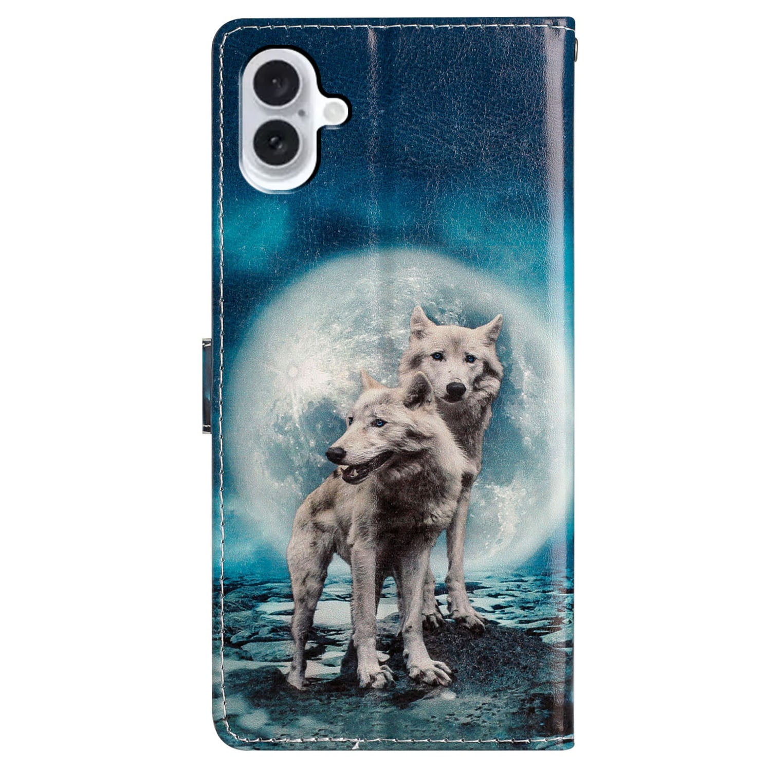 For iPhone 16 Plus Case Print Pattern Design PU Leather Phone Cover with Card Slots Wrist Strap - Two Wolves