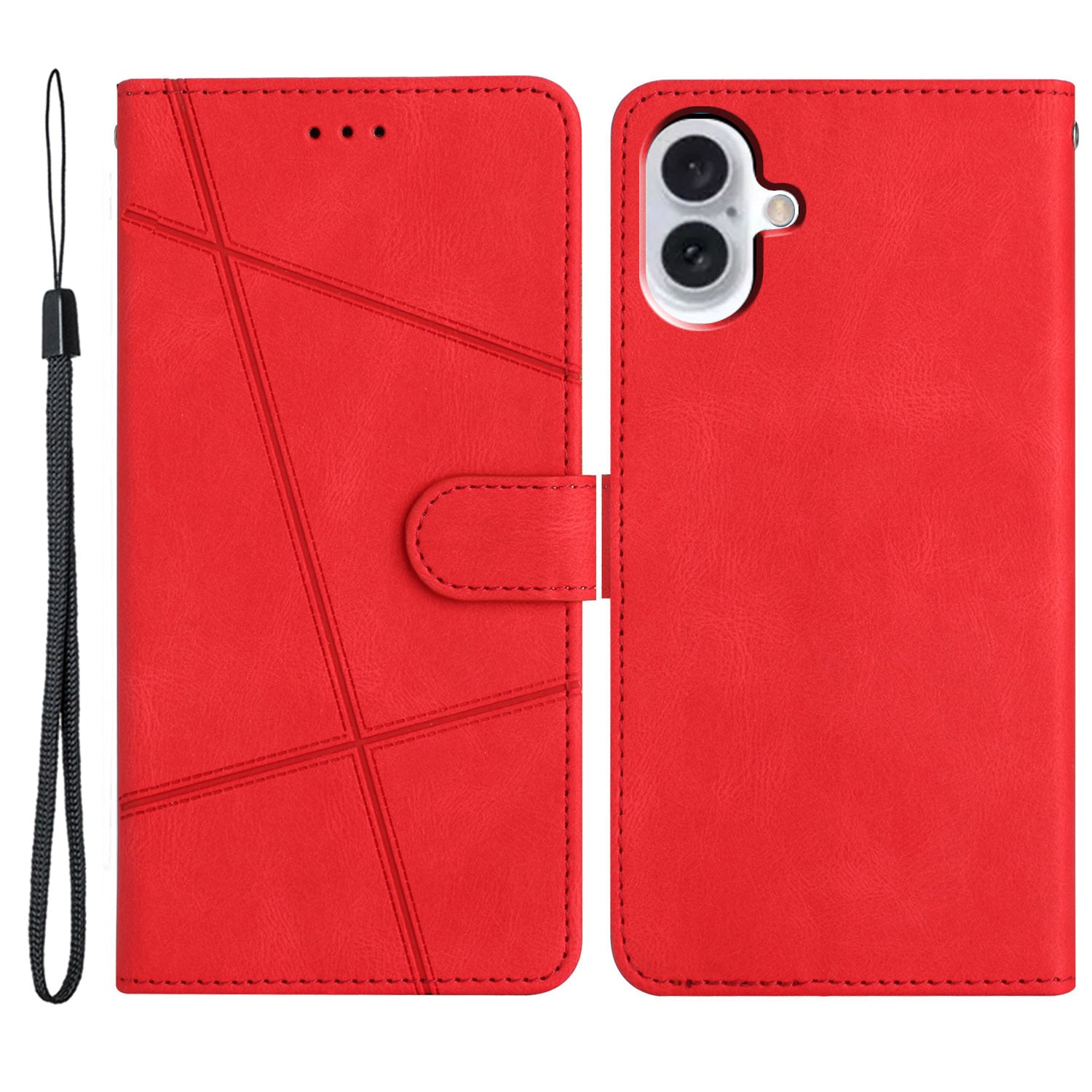 For iPhone 16 Case Line Pattern PU Leather Phone Case Crazy Horse Texture - Red