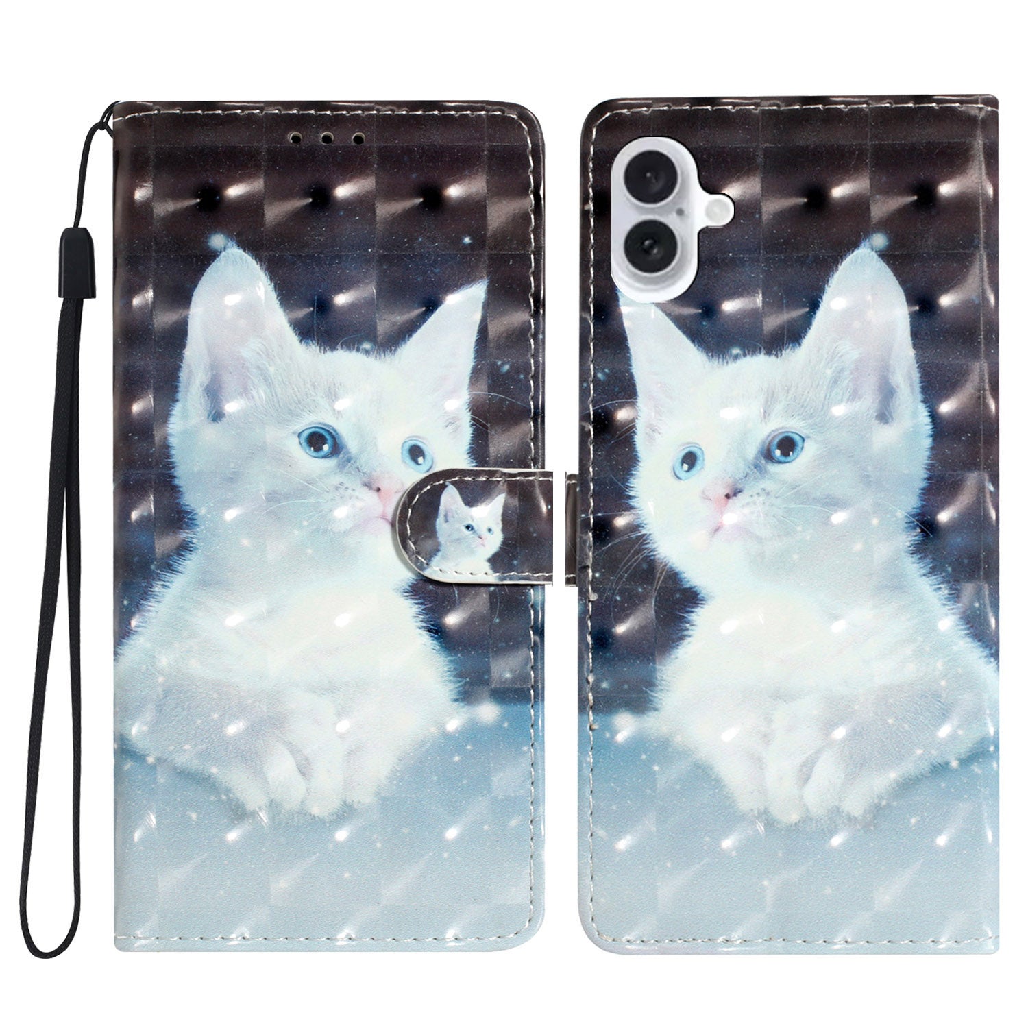 For iPhone 16 Plus Case PU Leather 3D Pattern Printing Wallet Phone Cover - White Cat