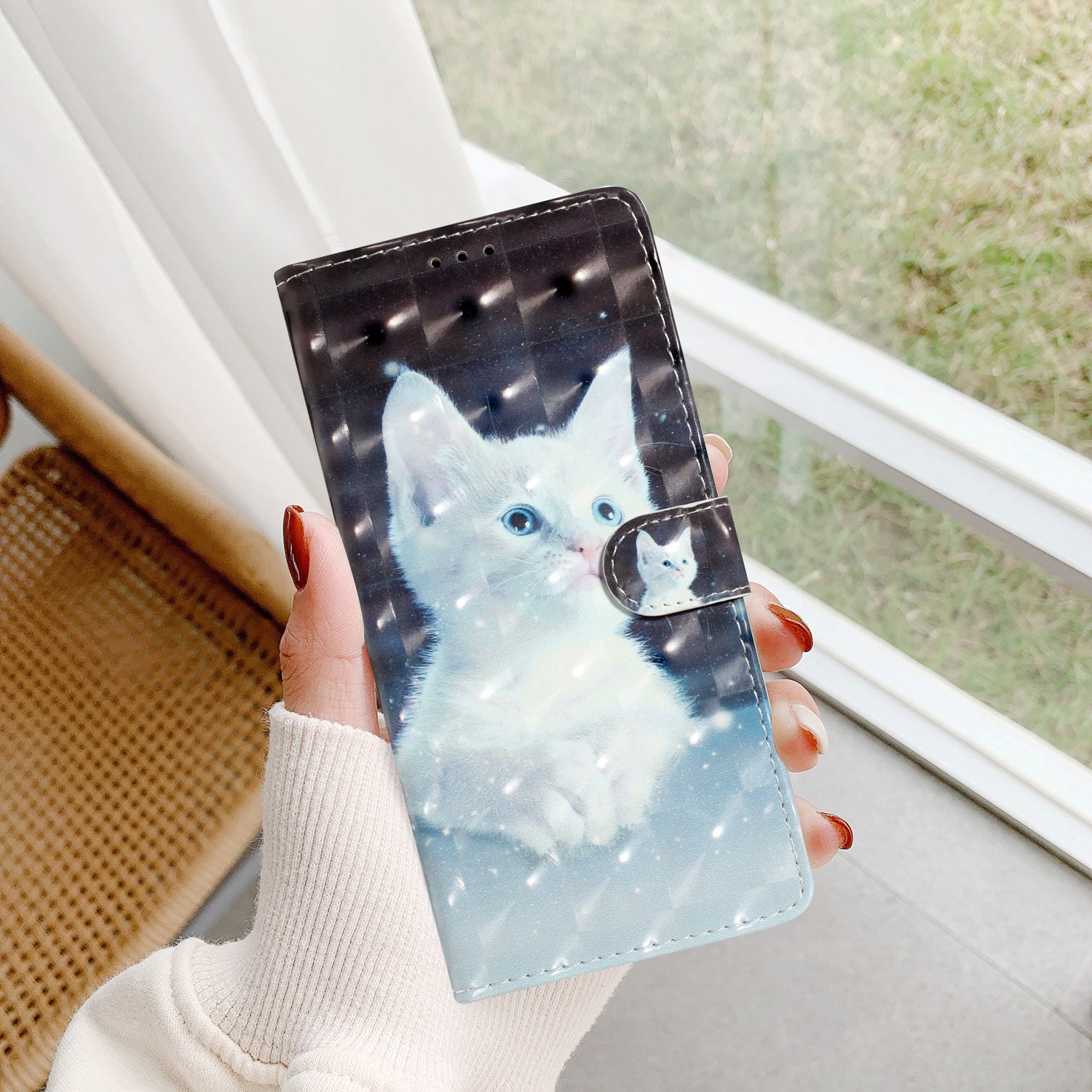 For iPhone 16 Plus Case PU Leather 3D Pattern Printing Wallet Phone Cover - White Cat