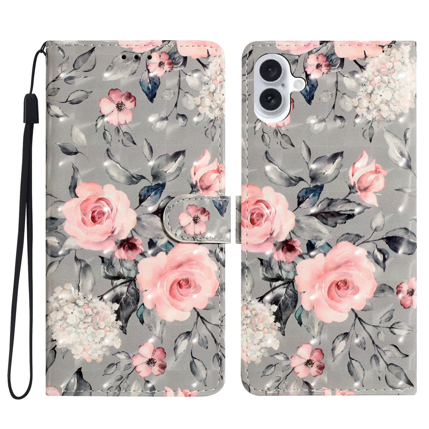 For iPhone 16 Plus Case PU Leather 3D Pattern Printing Wallet Phone Cover - Flowers