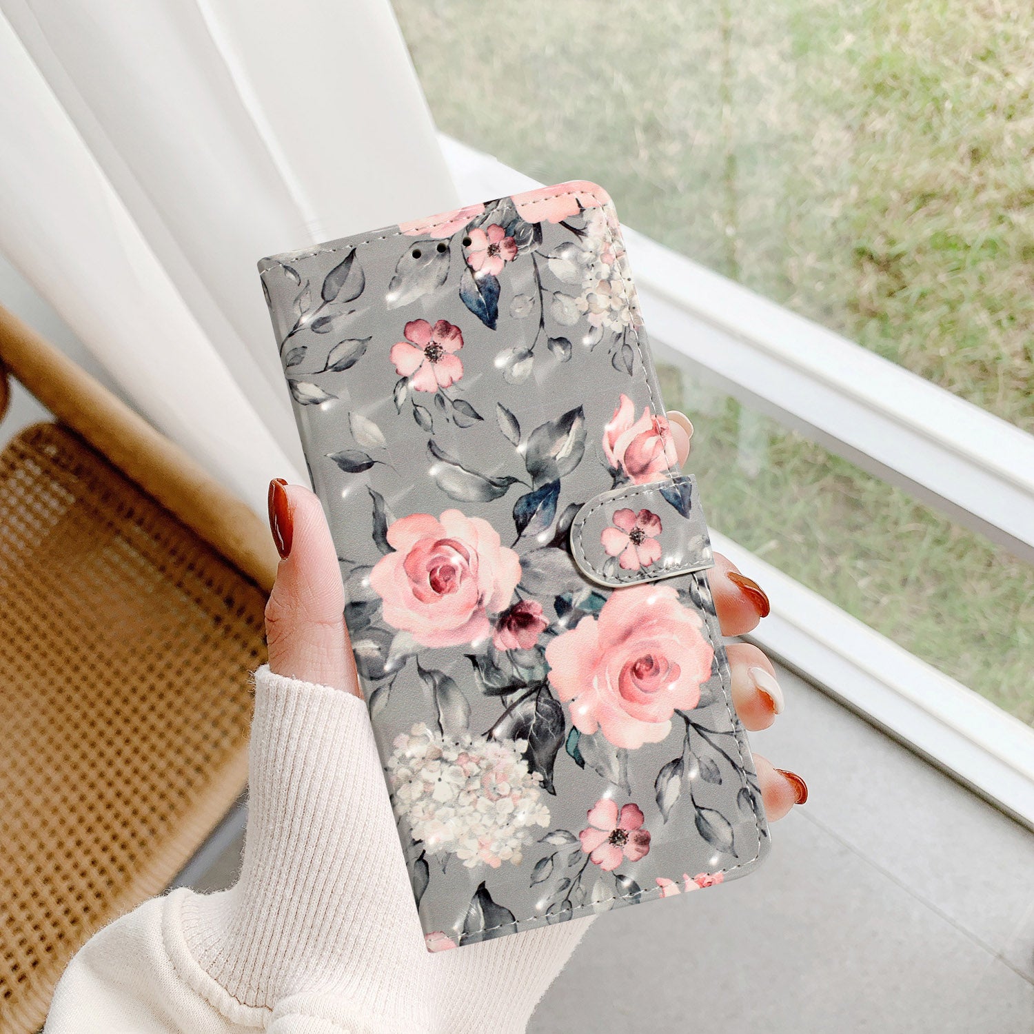 For iPhone 16 Plus Case PU Leather 3D Pattern Printing Wallet Phone Cover - Flowers