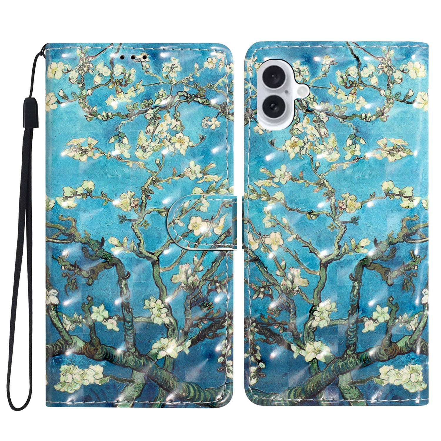 For iPhone 16 Plus Case PU Leather 3D Pattern Printing Wallet Phone Cover - Apricot Blossom