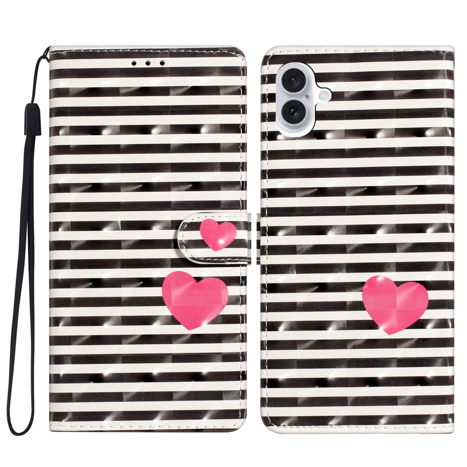 For iPhone 16 Plus Case PU Leather 3D Pattern Printing Wallet Phone Cover - Stripes / Heart