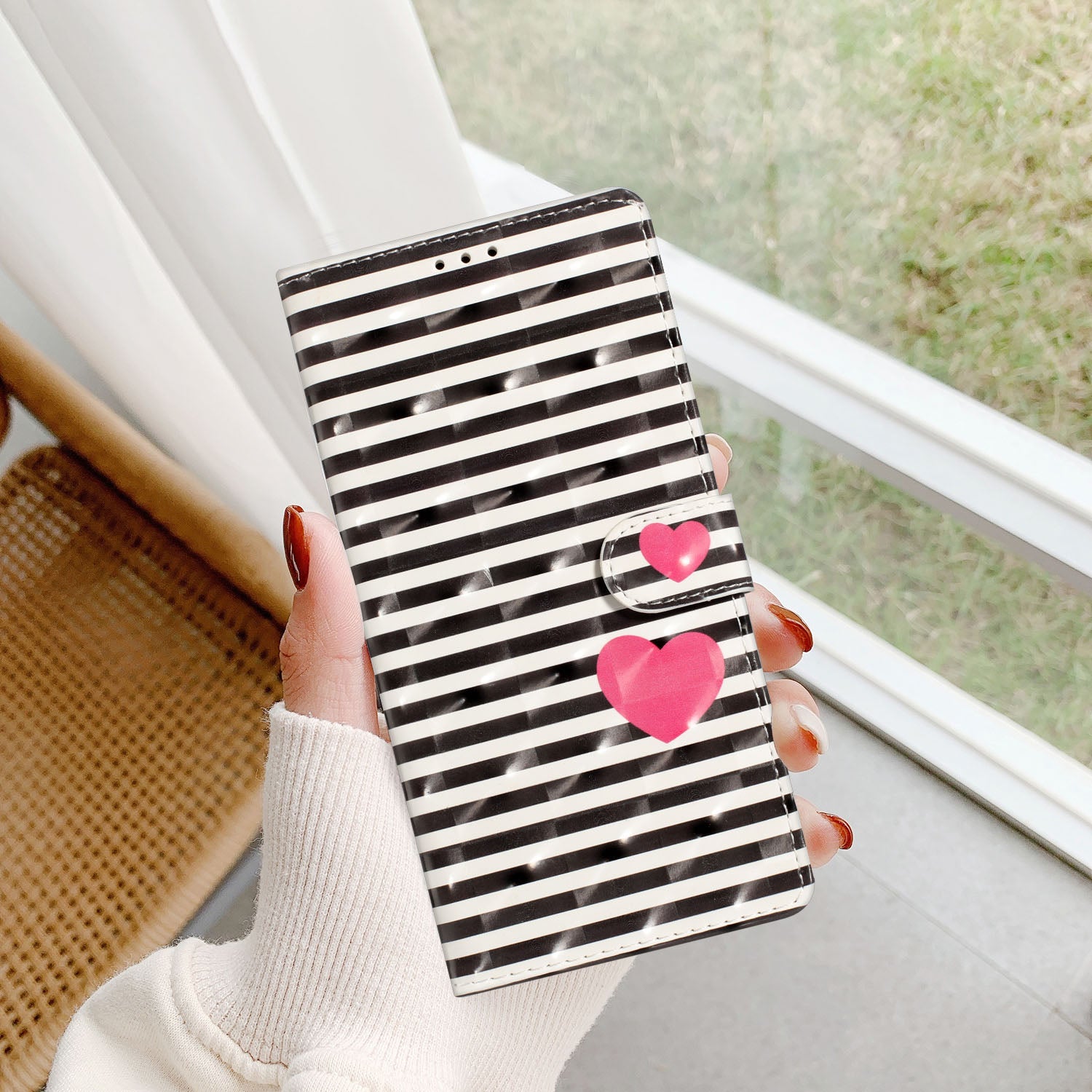 For iPhone 16 Plus Case PU Leather 3D Pattern Printing Wallet Phone Cover - Stripes / Heart