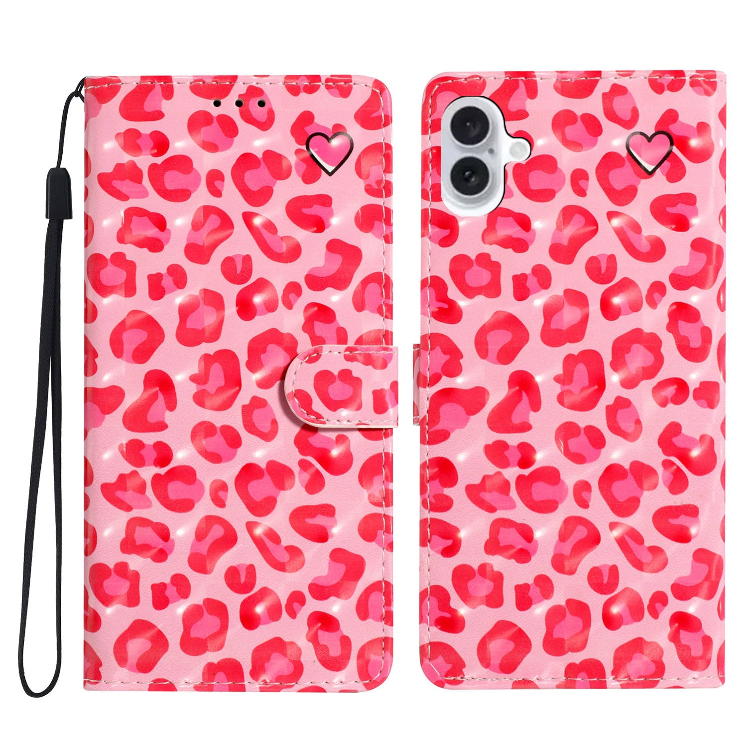 For iPhone 16 Plus Case PU Leather 3D Pattern Printing Wallet Phone Cover - Pink Leopard Print