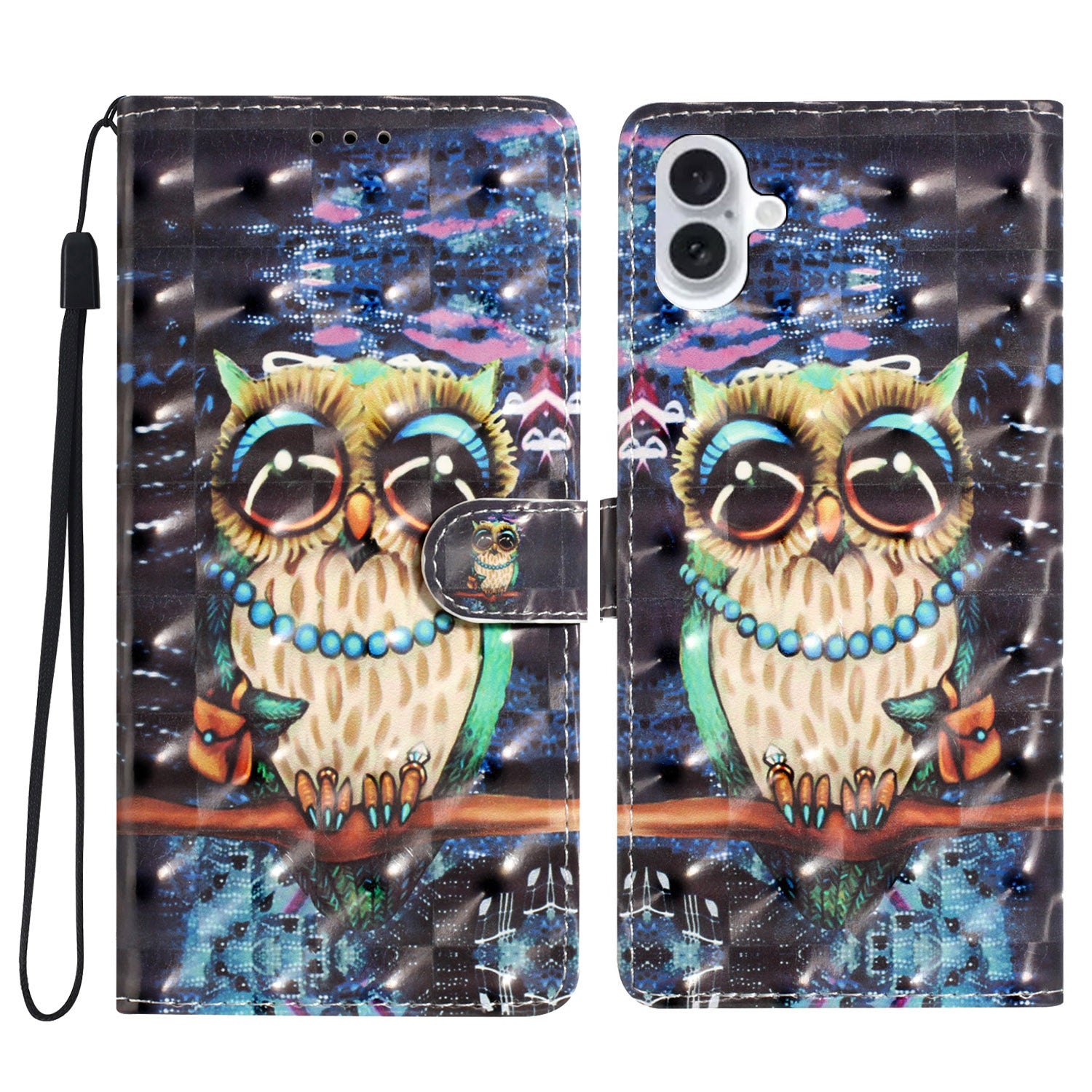 For iPhone 16 Plus Case PU Leather 3D Pattern Printing Wallet Phone Cover - Owl